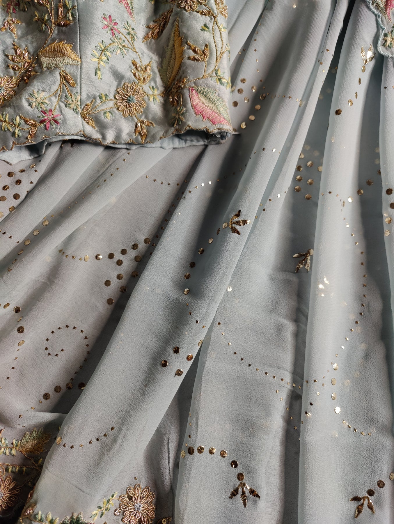 POWDER BLUE GEORGETTE PURE HANDLOOM EMBROIDERY SAREE