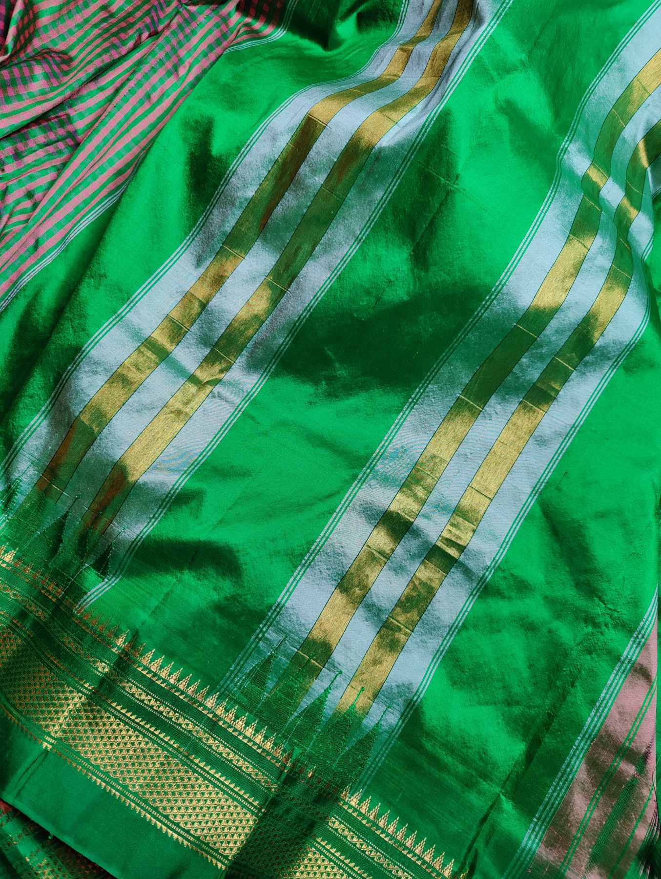 GREEN PINK SILK PURE HANDLOOM IRKAL SAREE