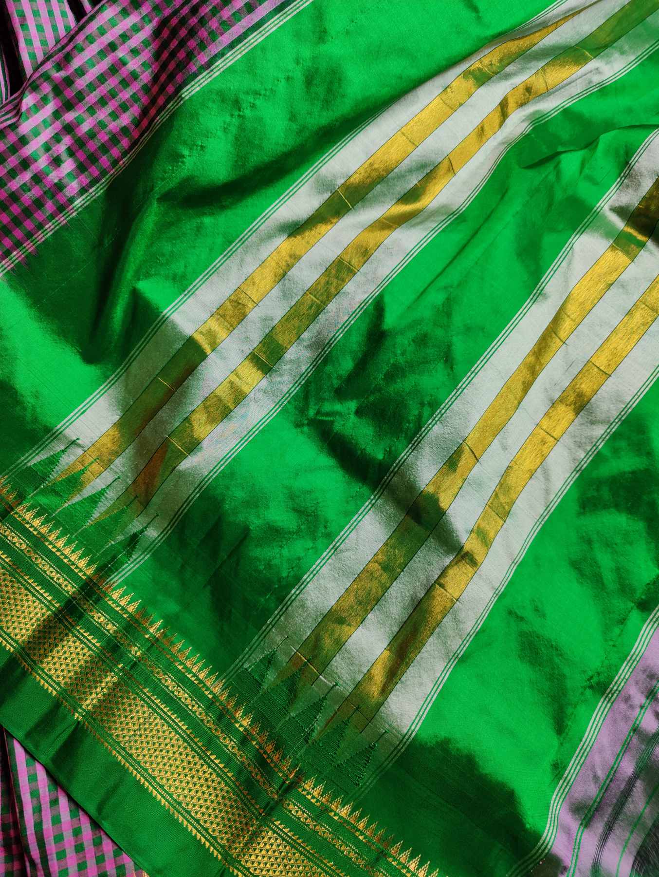 PINK DARK GREEN SILK PURE HANDLOOM IRKAL SAREE