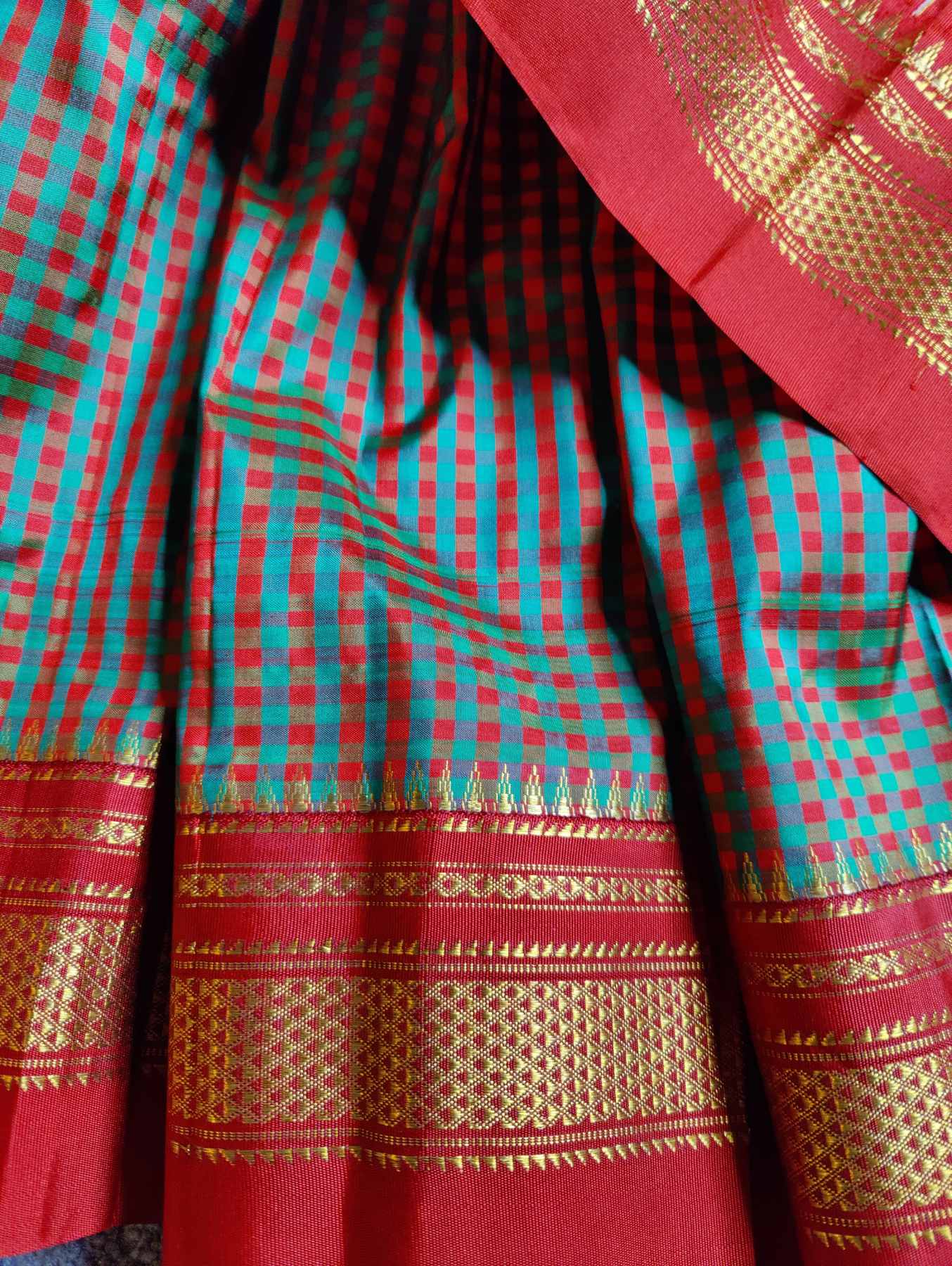 GREEN RED SILK PURE HANDLOOM IRKAL SAREE
