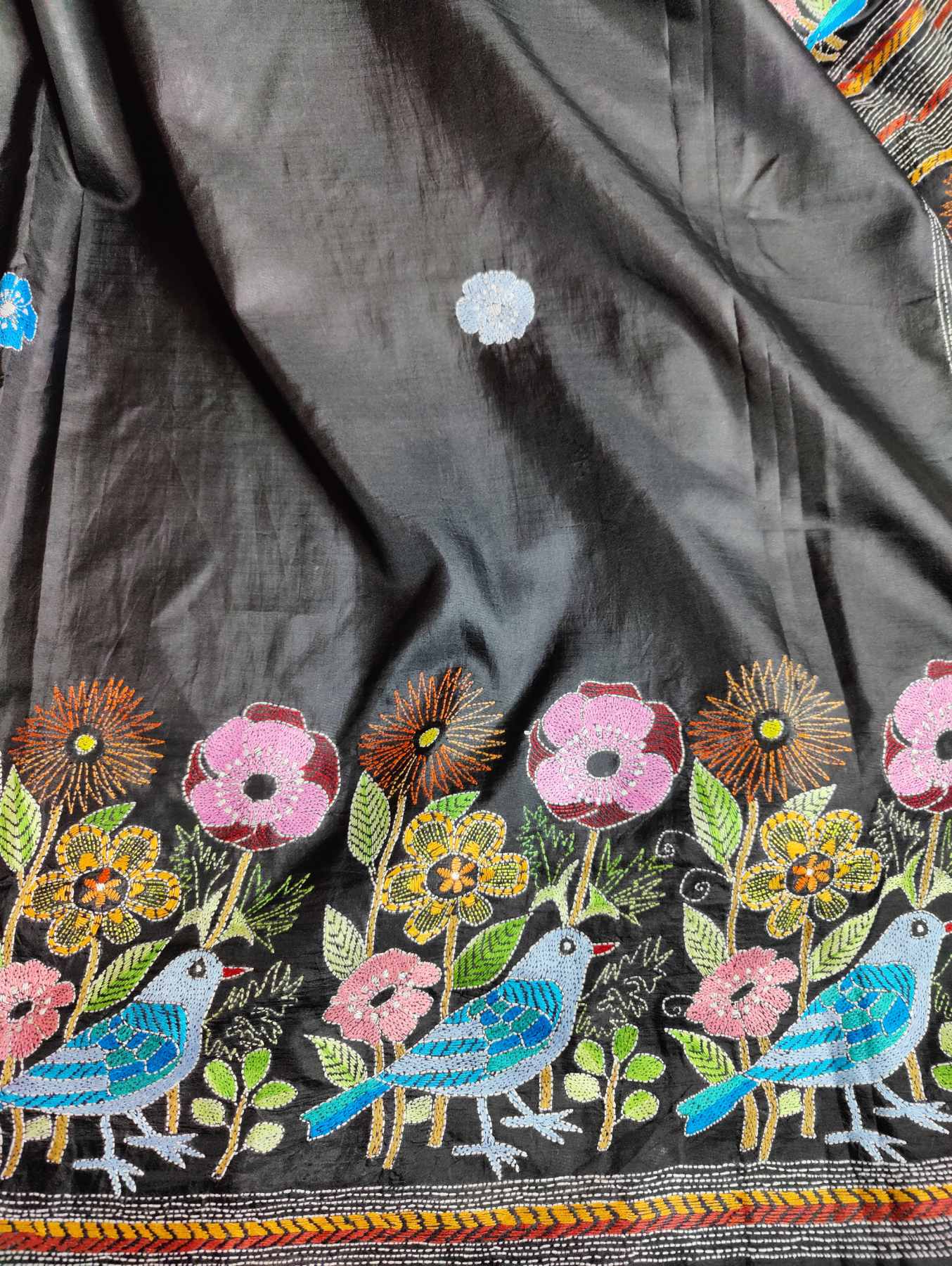 BLACK SILK PURE HANDLOOM KANTHA SAREE