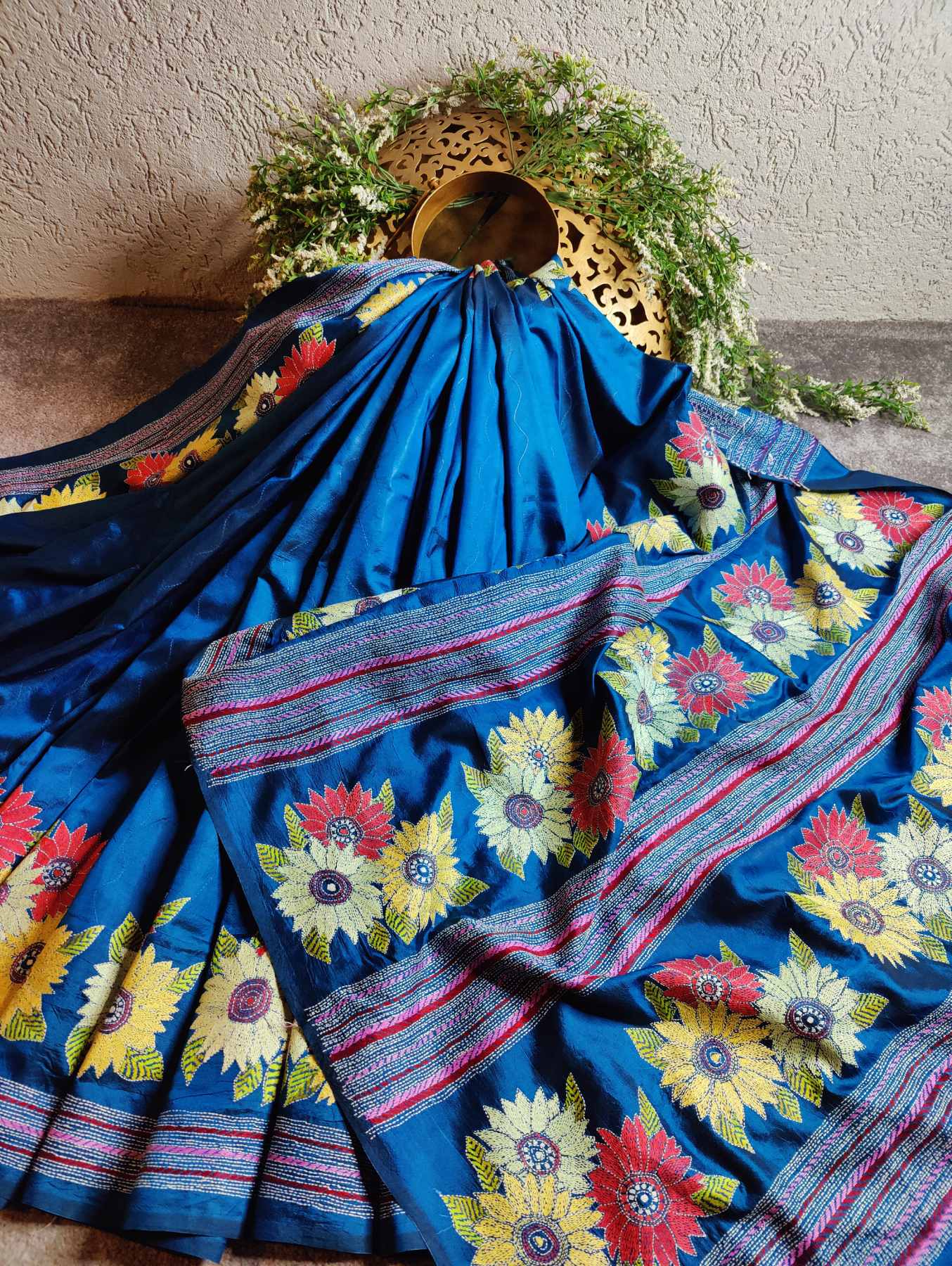 TEAL BLUE SILK PURE HANDLOOM KANTHA SAREE