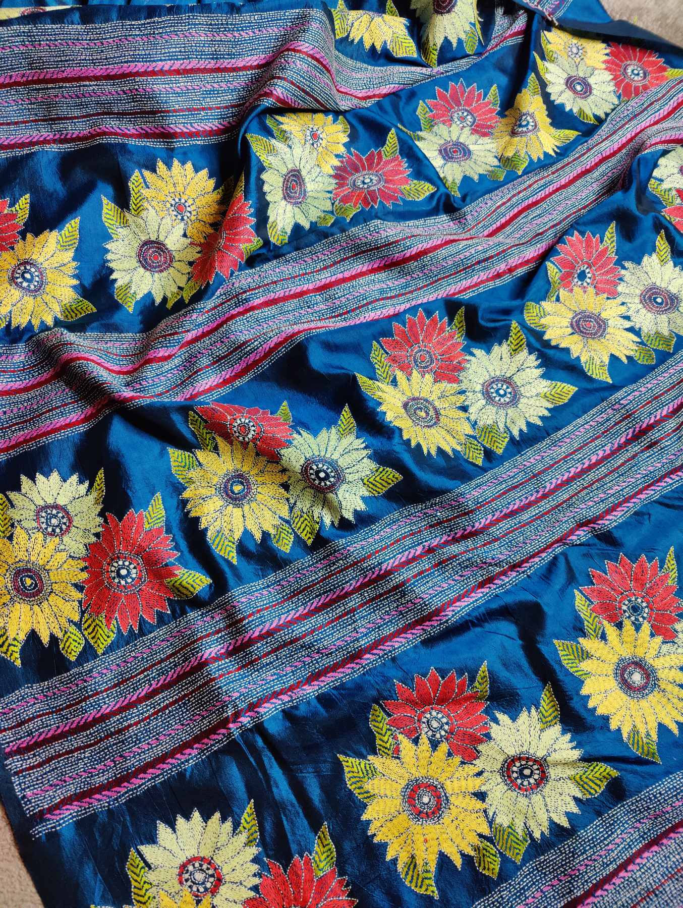 TEAL BLUE SILK PURE HANDLOOM KANTHA SAREE