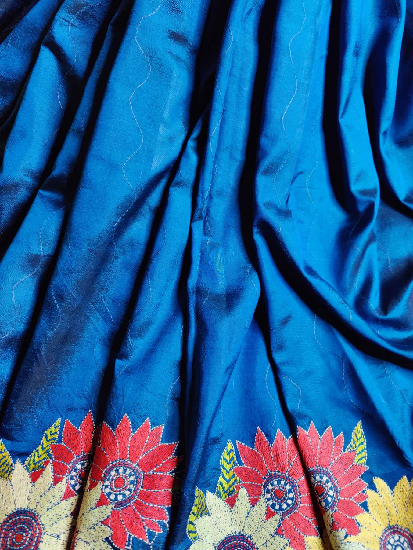 TEAL BLUE SILK PURE HANDLOOM KANTHA SAREE