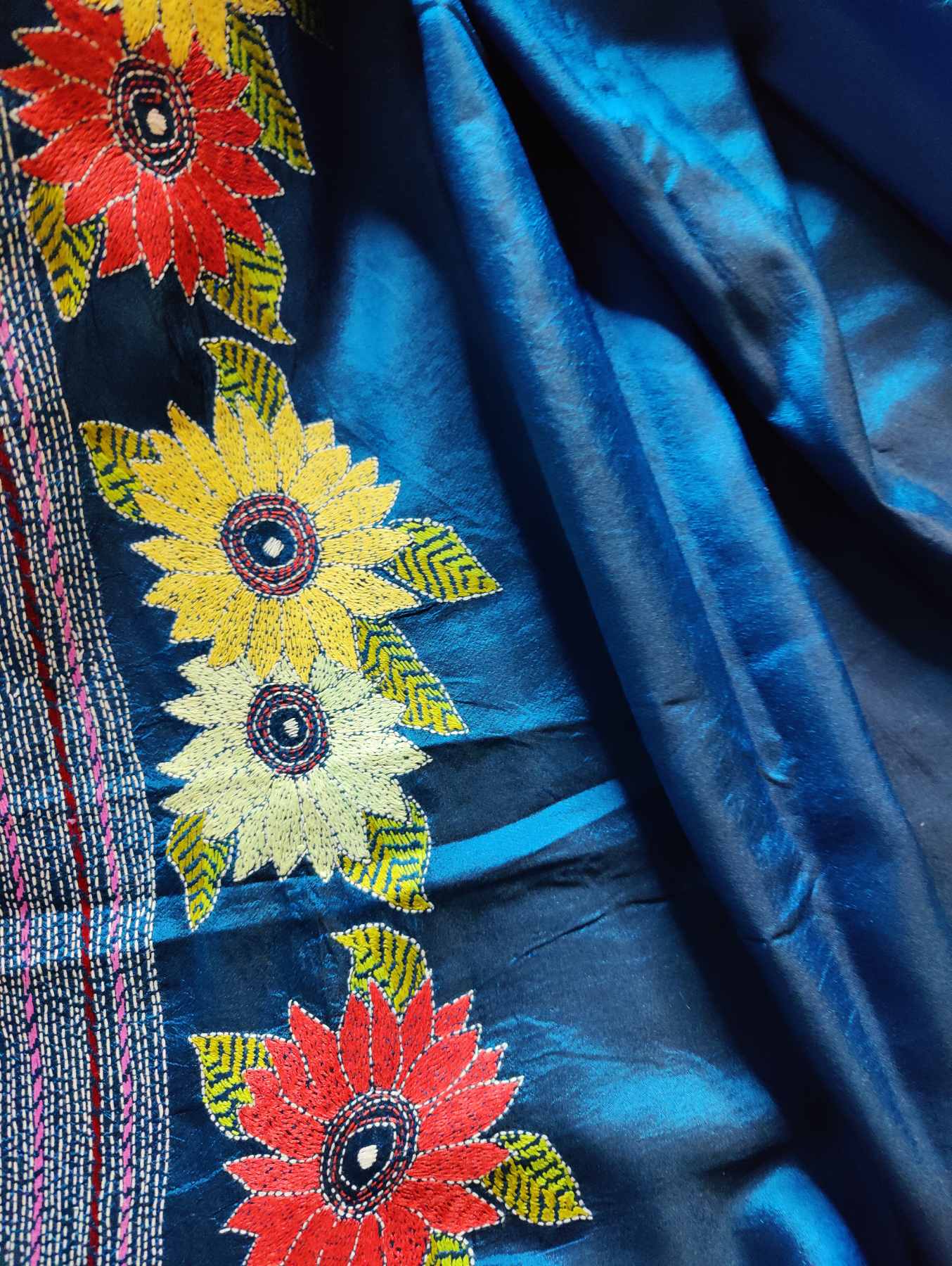 TEAL BLUE SILK PURE HANDLOOM KANTHA SAREE