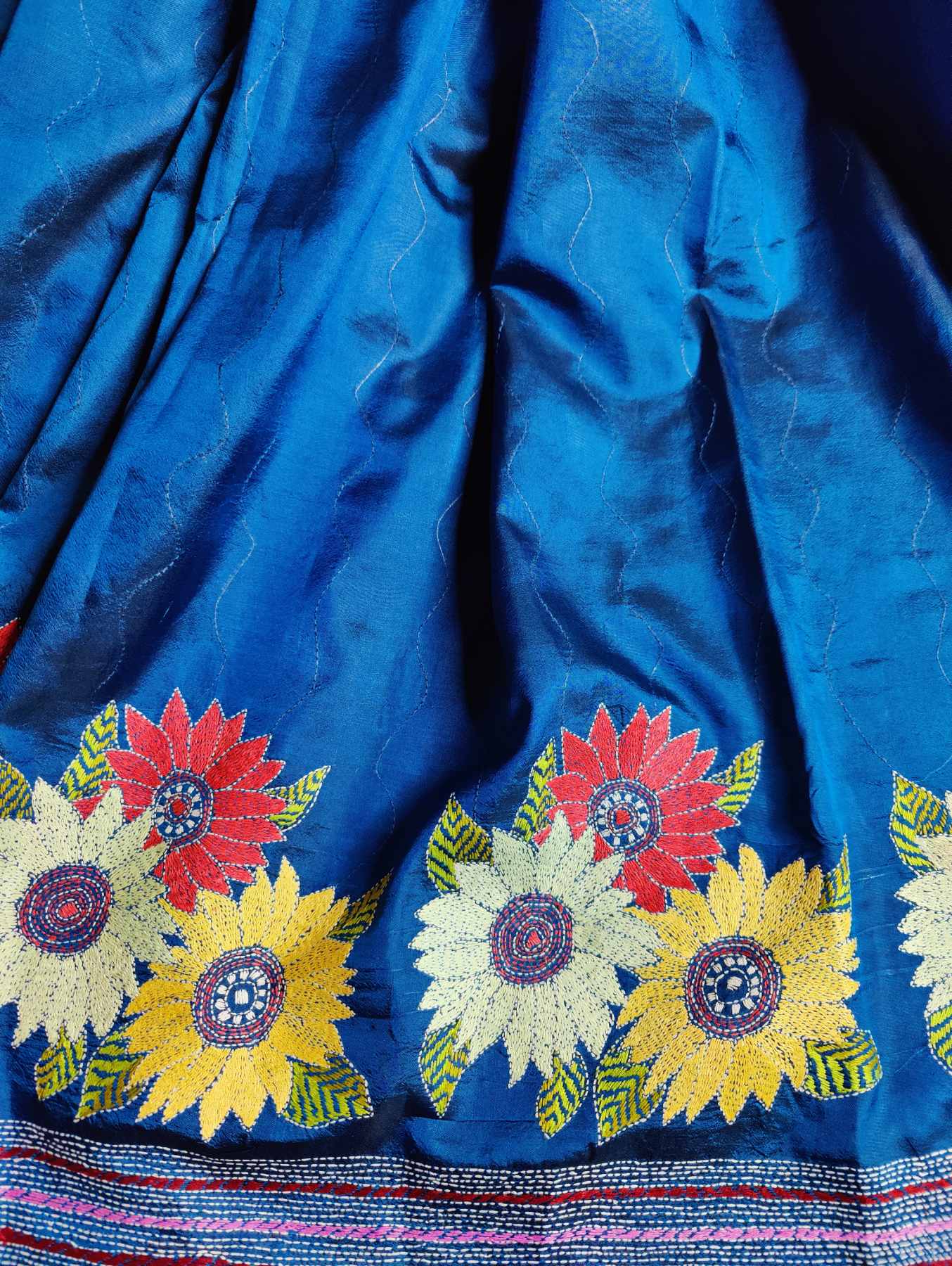 TEAL BLUE SILK PURE HANDLOOM KANTHA SAREE