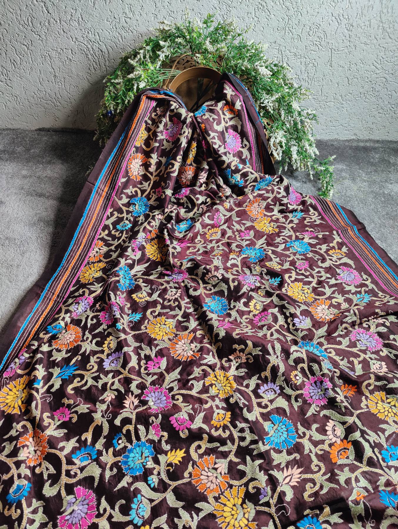 CHOCOLATE SILK PURE HANDLOOM KANTHA DUPATTA