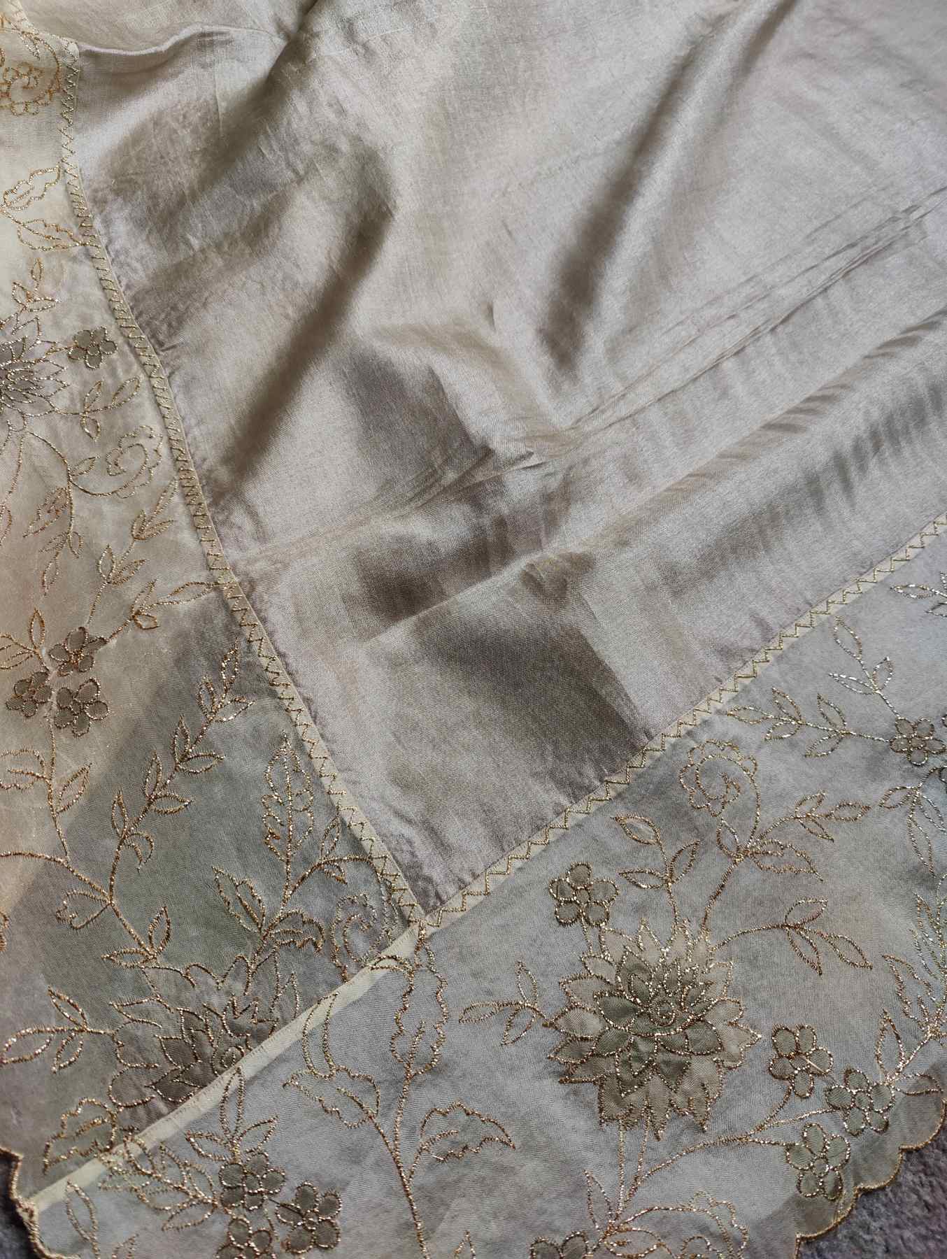 GREY TUSSAR PURE HANDLOOM EMBROIDERY SAREE