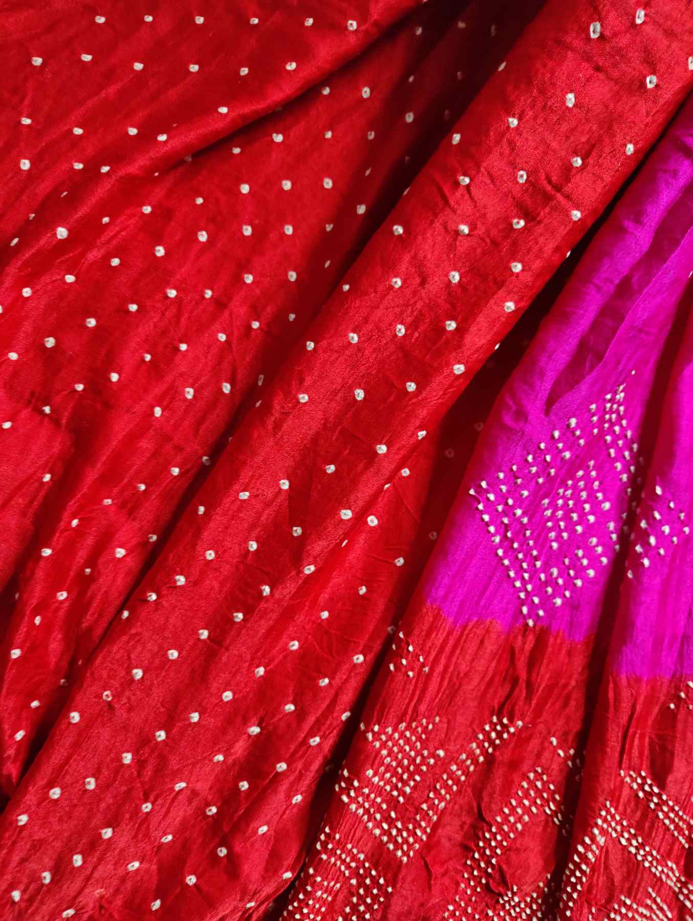 RED PINK GAJJI SILK PURE HANDLOOM BANDHEJ SAREE