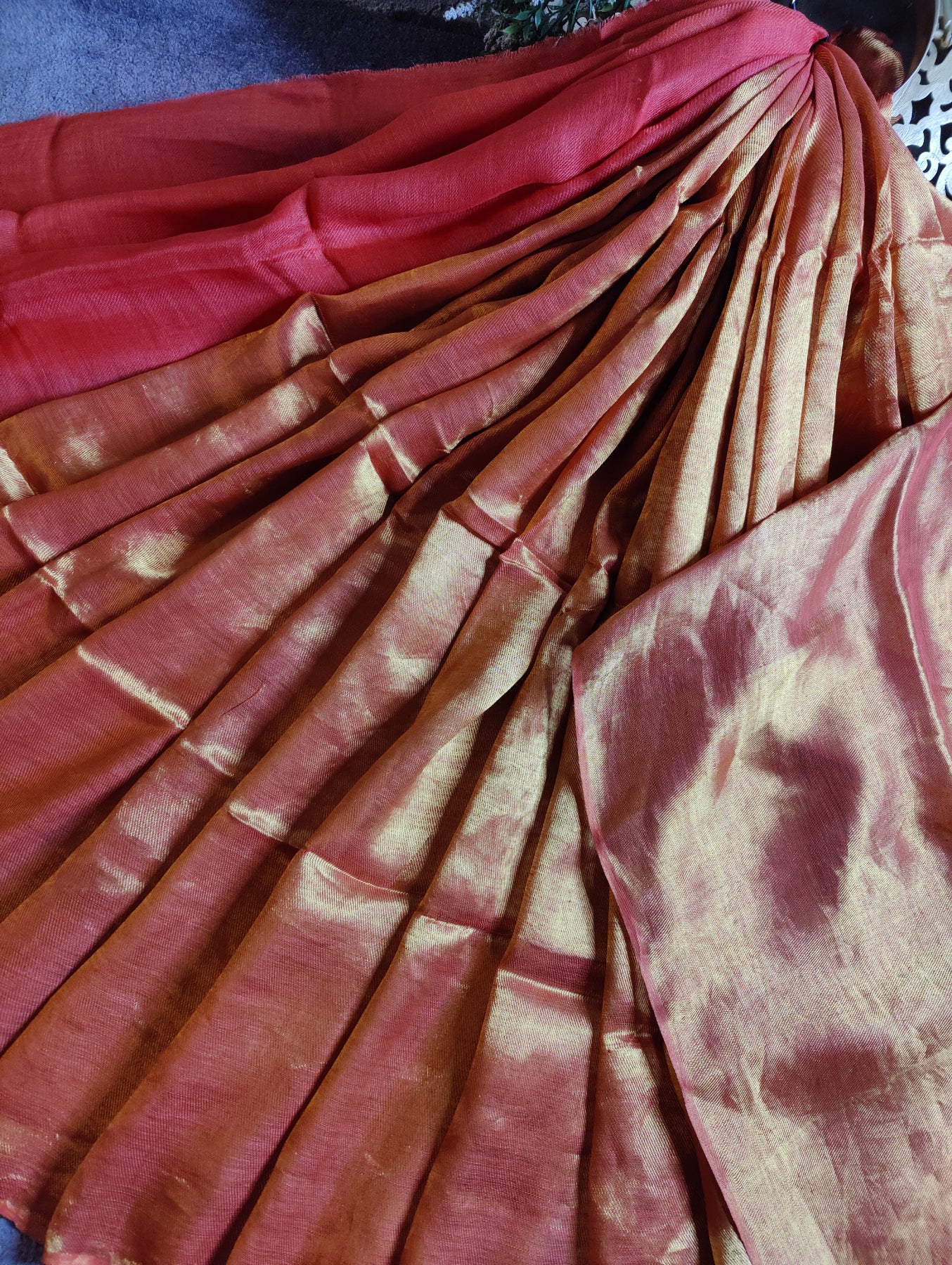 ORANGE TWILL TISSUE PURE HANDLOOM METALLIC SAREE