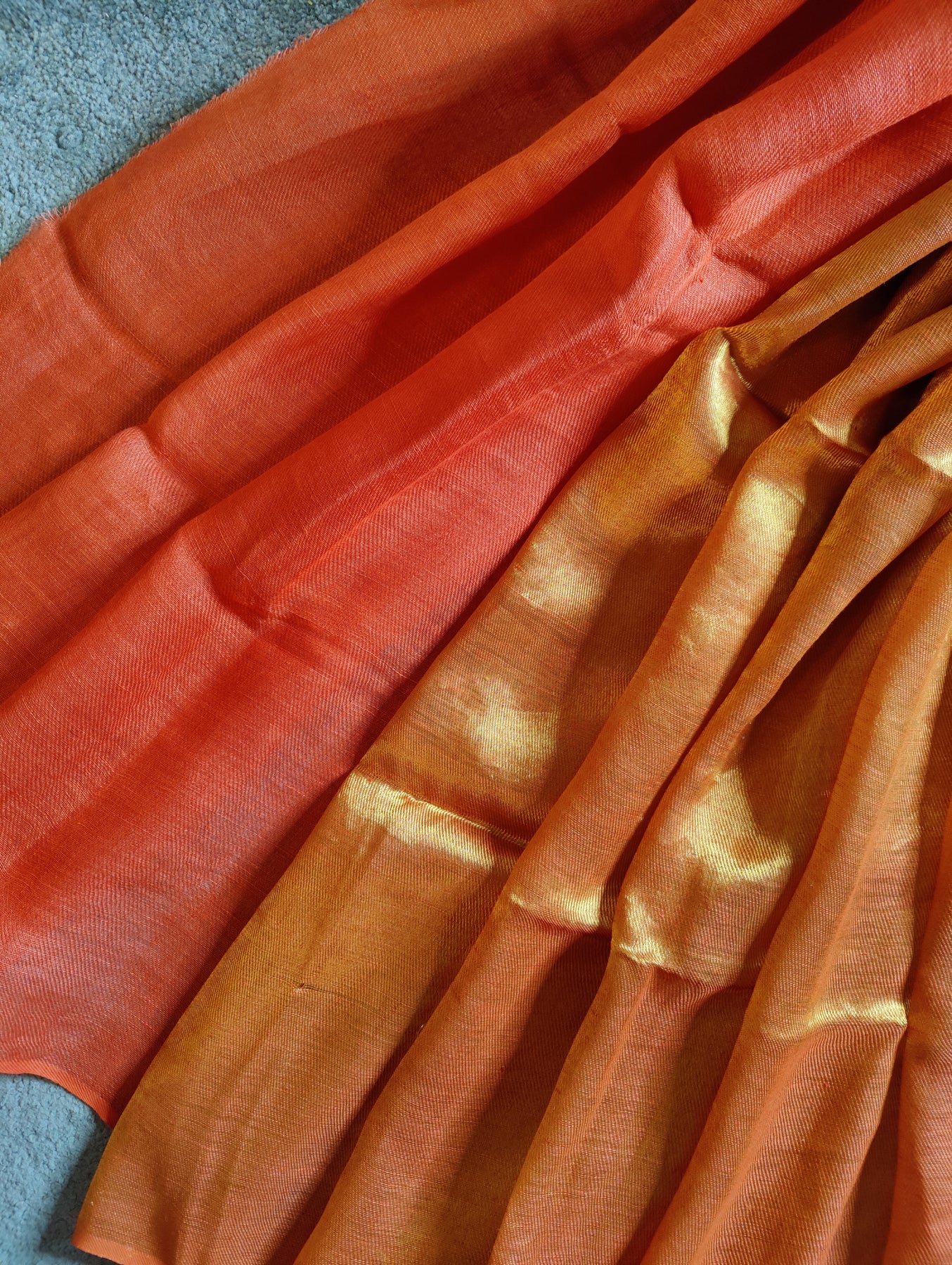 ORANGE TWILL TISSUE PURE HANDLOOM METALLIC SAREE