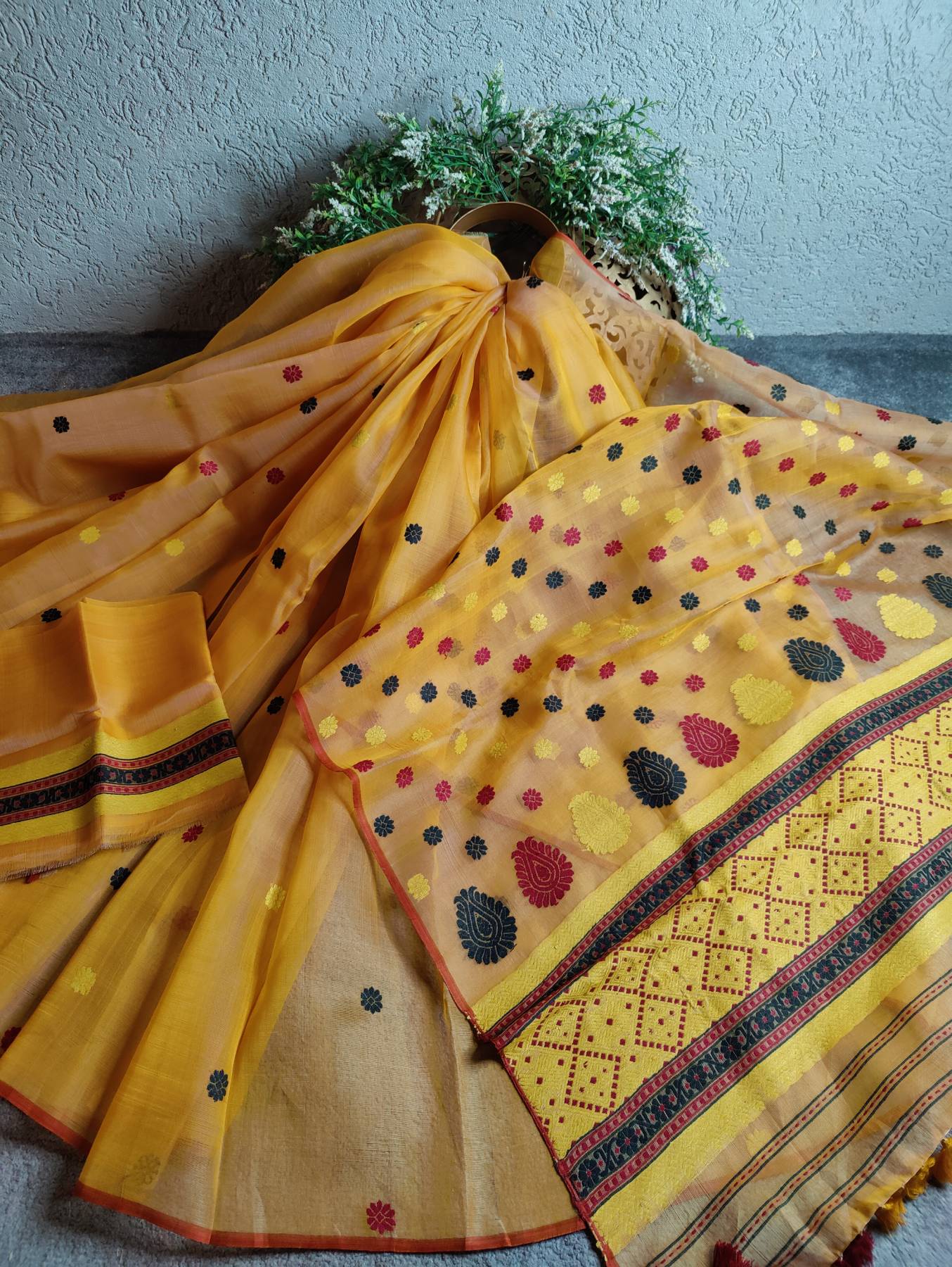 ORANGE ORGANZA KERA PAT BY KESA PAT PURE HANDLOOM ASSAMES SAREE