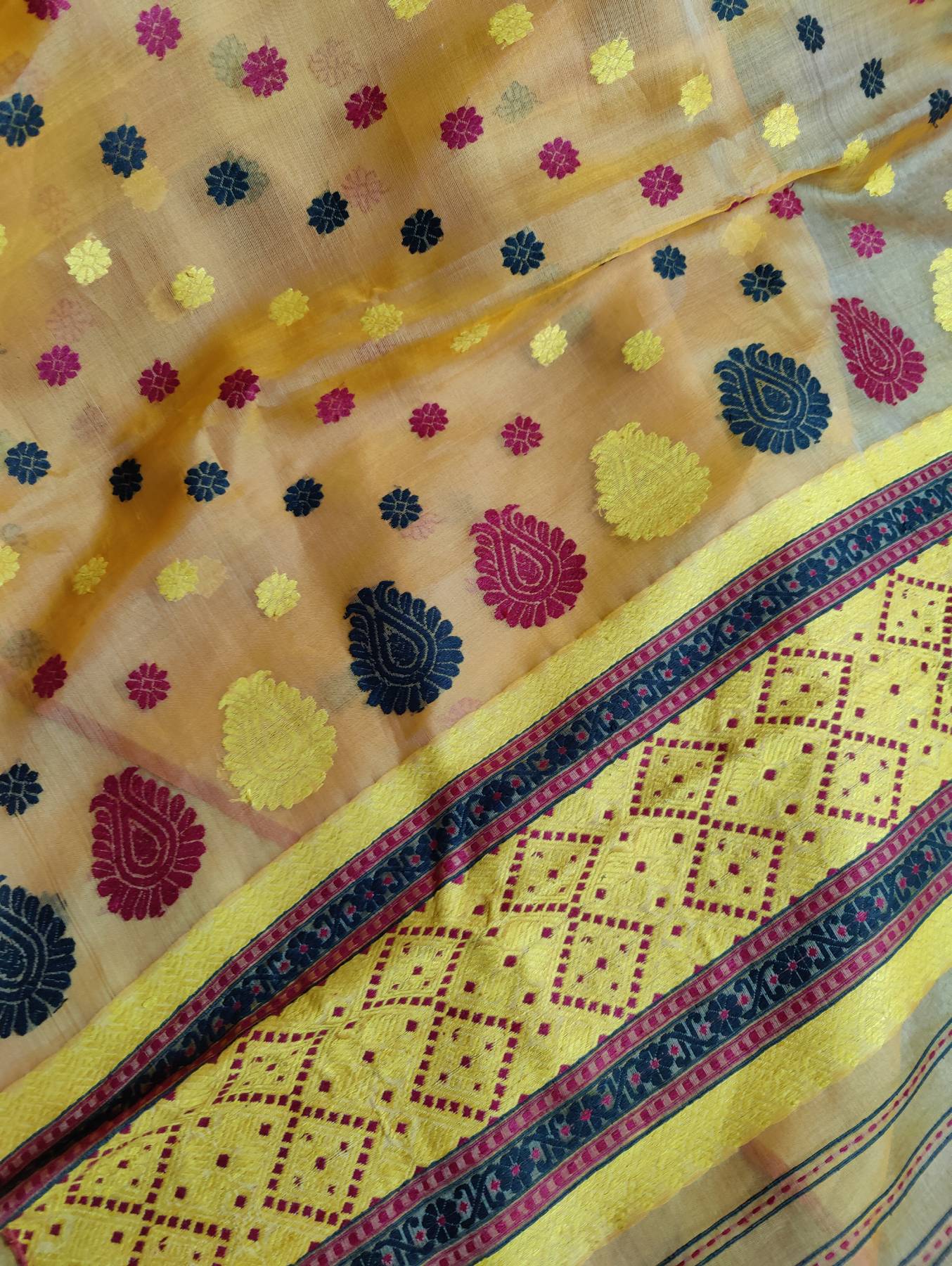 ORANGE ORGANZA KERA PAT BY KESA PAT PURE HANDLOOM ASSAMES SAREE