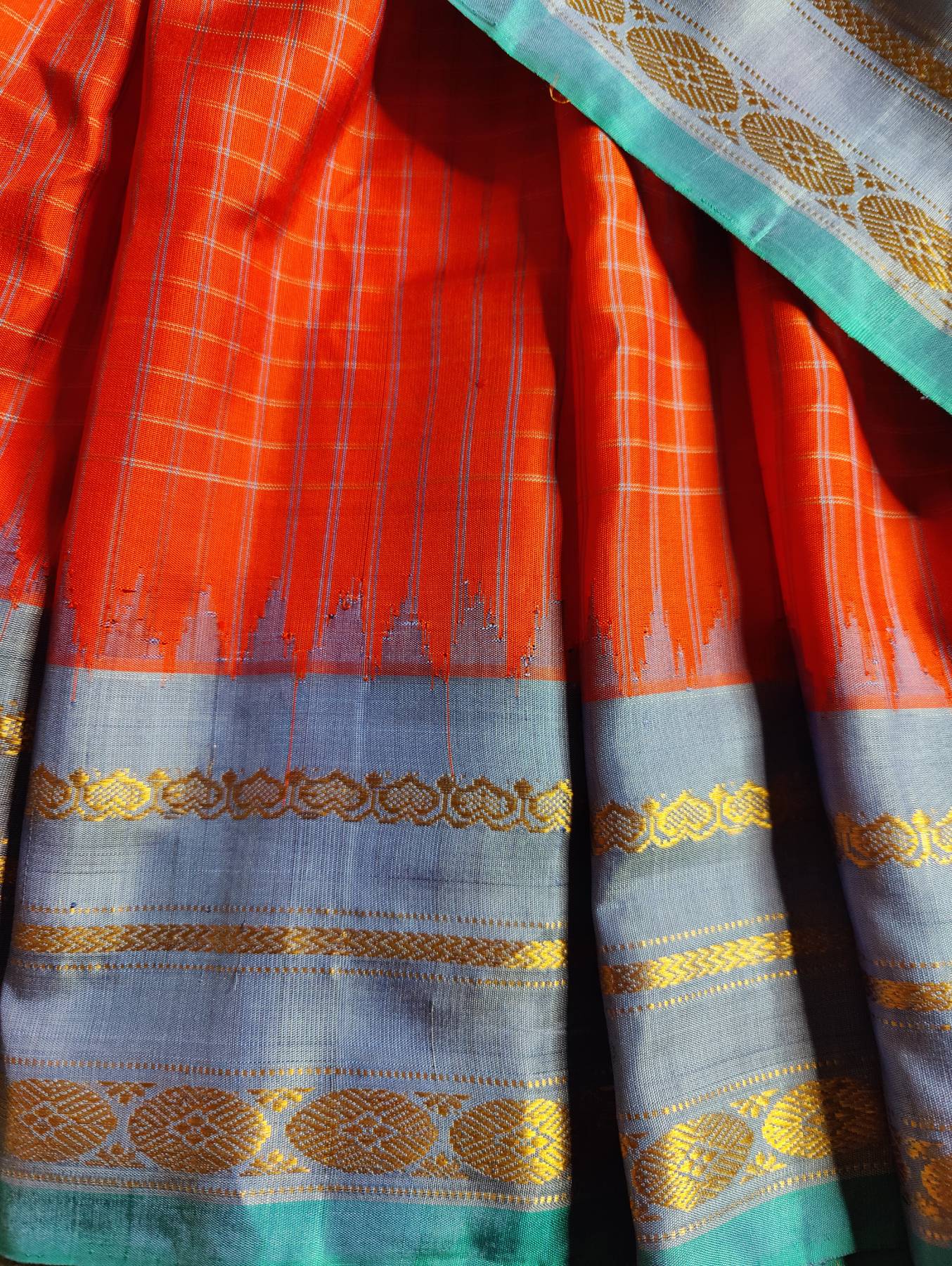 ORANGE SILK PURE HANDLOOM GADWAL SAREE