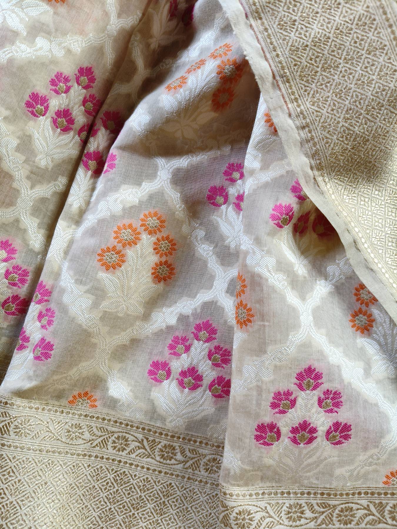 BEIGE COTTON PURE HANDLOOM BANARASI SAREE