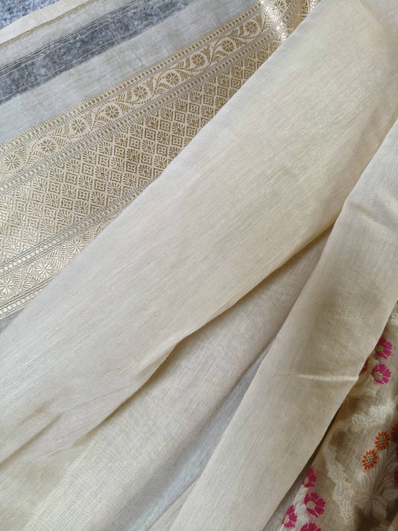 BEIGE COTTON PURE HANDLOOM BANARASI SAREE
