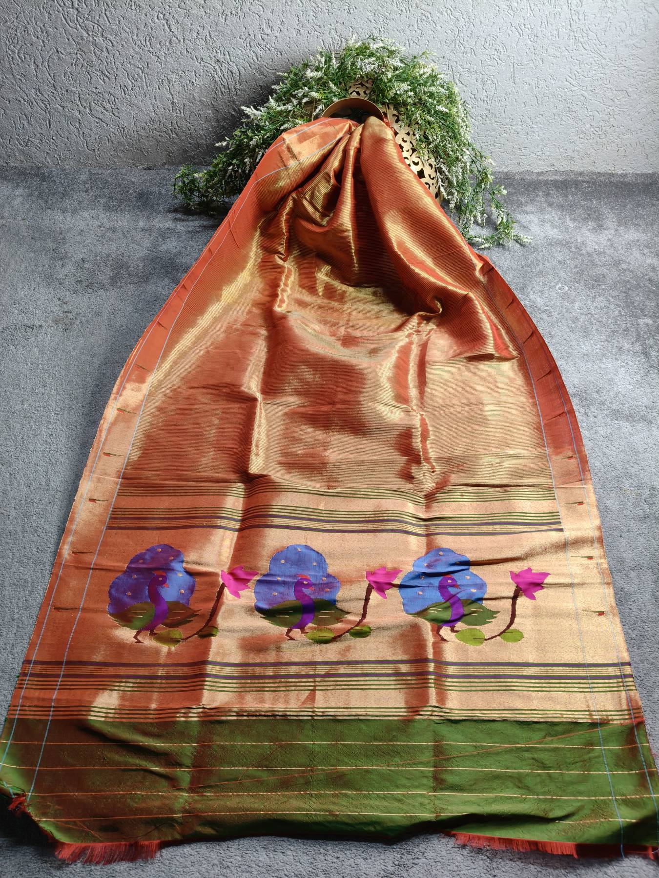 ORANGISH GREEN SILK PURE HANDLOOM PAITHANI DUPATTA