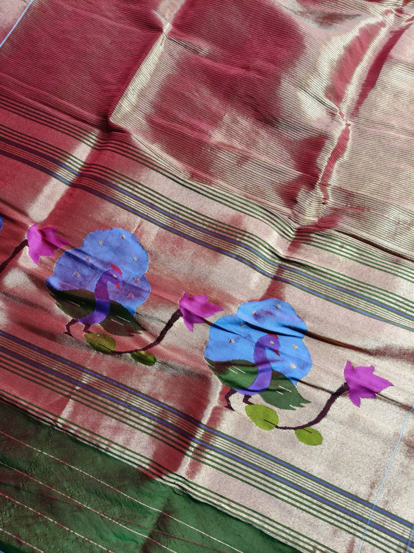 ORANGISH GREEN SILK PURE HANDLOOM PAITHANI DUPATTA