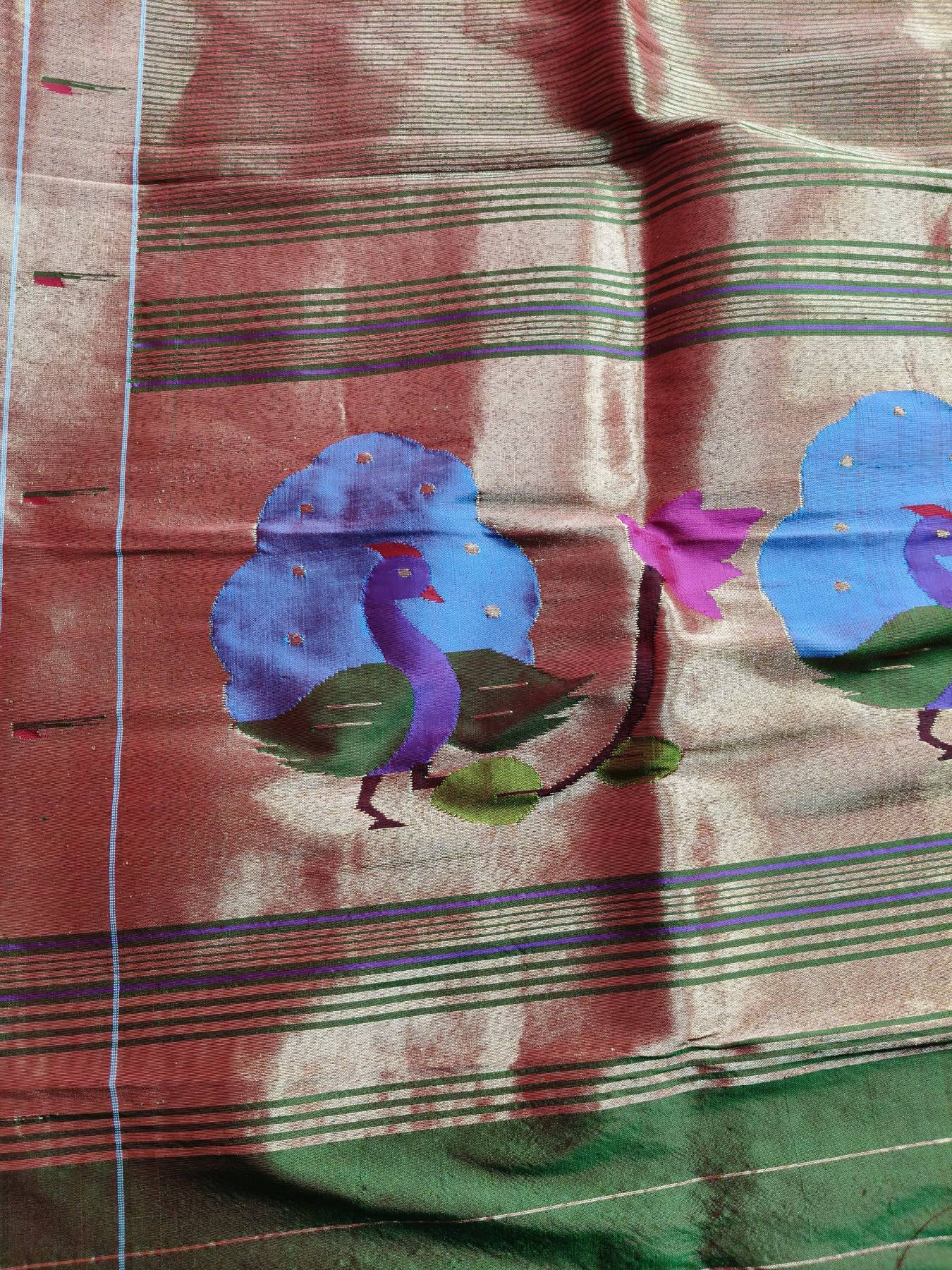 ORANGISH GREEN SILK PURE HANDLOOM PAITHANI DUPATTA