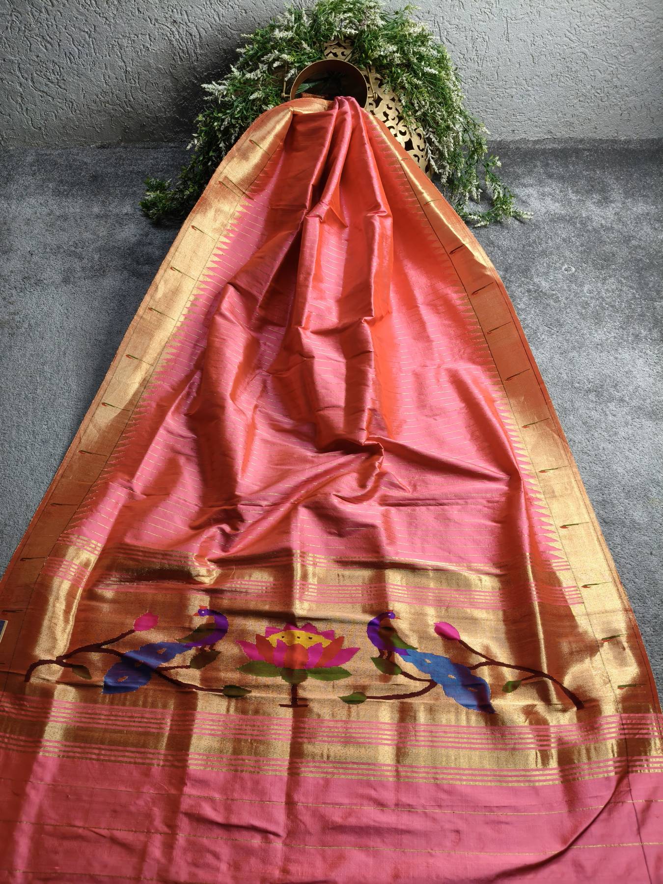 CORAL PINK SILK PURE HANDLOOM PAITHANI DUPATTA