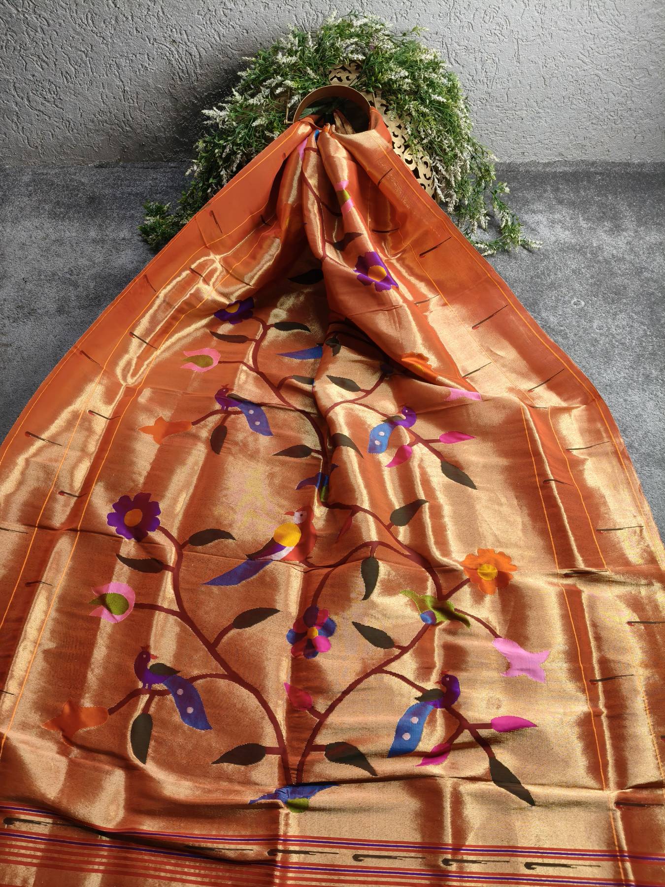 ORANGE GOLD SILK PURE HANDLOOM PAITHANI DUPATTA