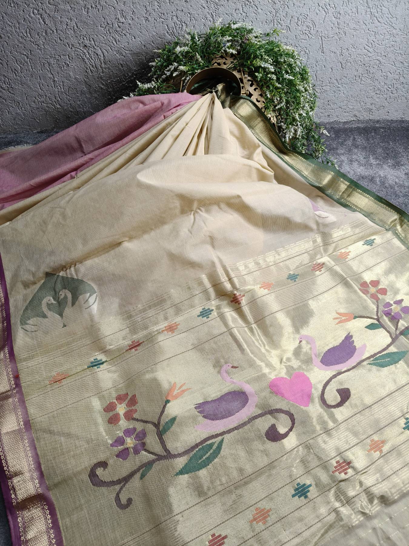 OFF WHITE COTTON TISSUE PURE HANDLOOM PAITHANI SAREE