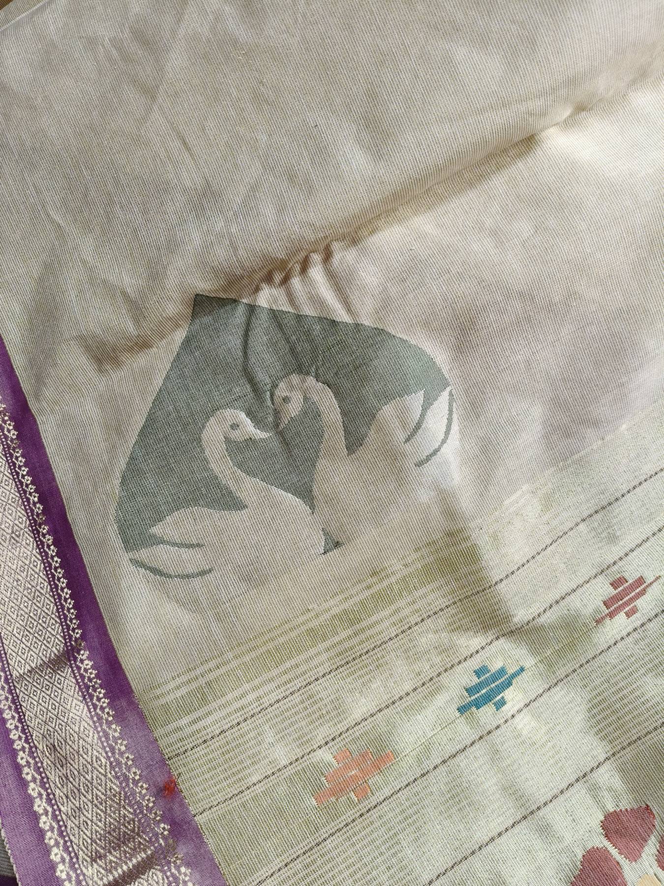 OFF WHITE COTTON TISSUE PURE HANDLOOM PAITHANI SAREE