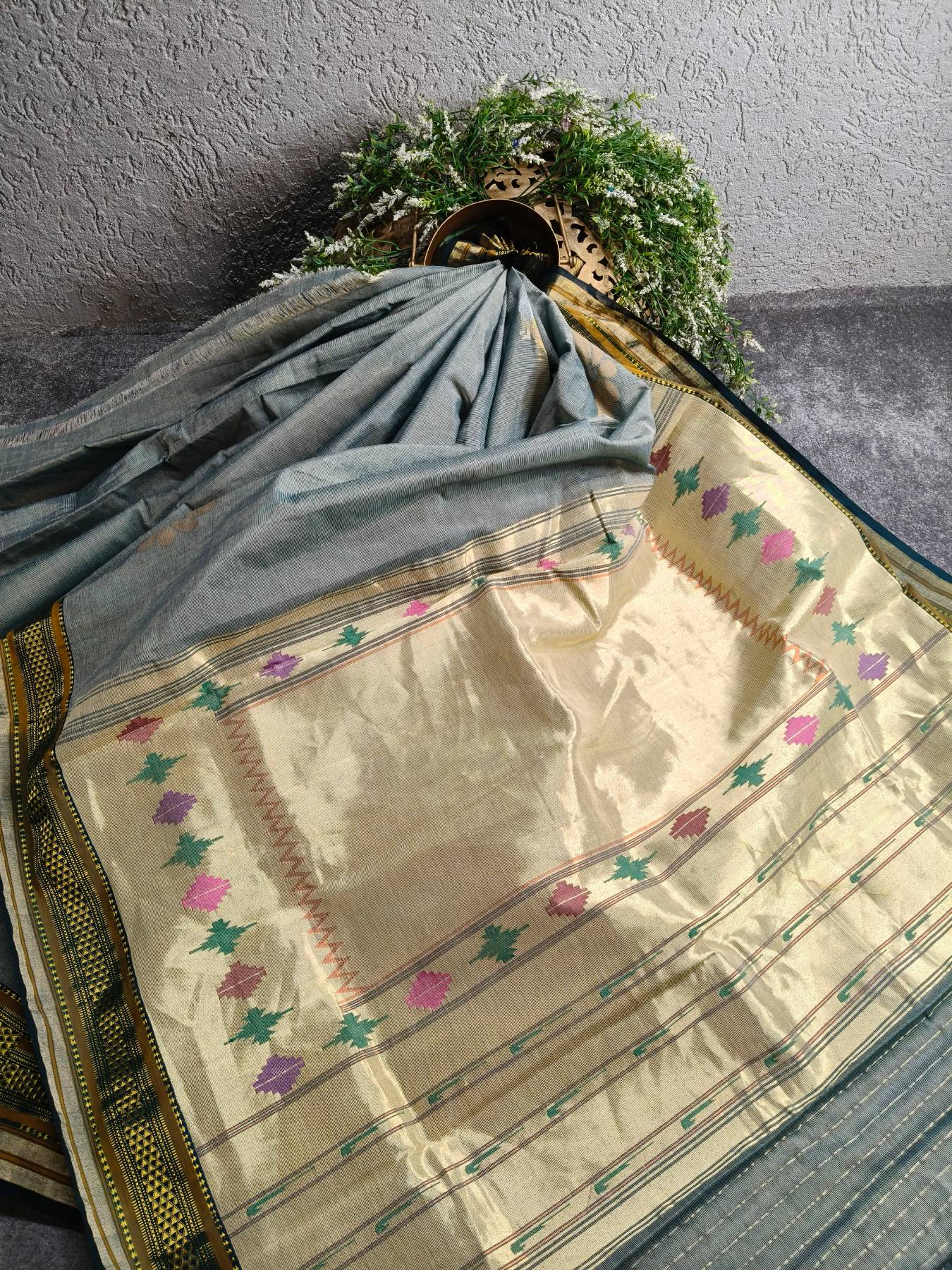 GREY COTTON TISSUE PURE HANDLOOM PAITHANI SAREE