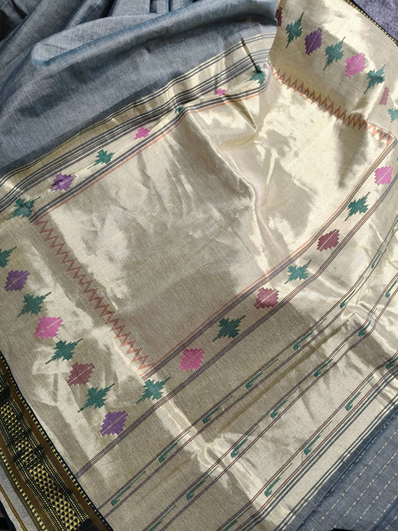 GREY COTTON TISSUE PURE HANDLOOM PAITHANI SAREE