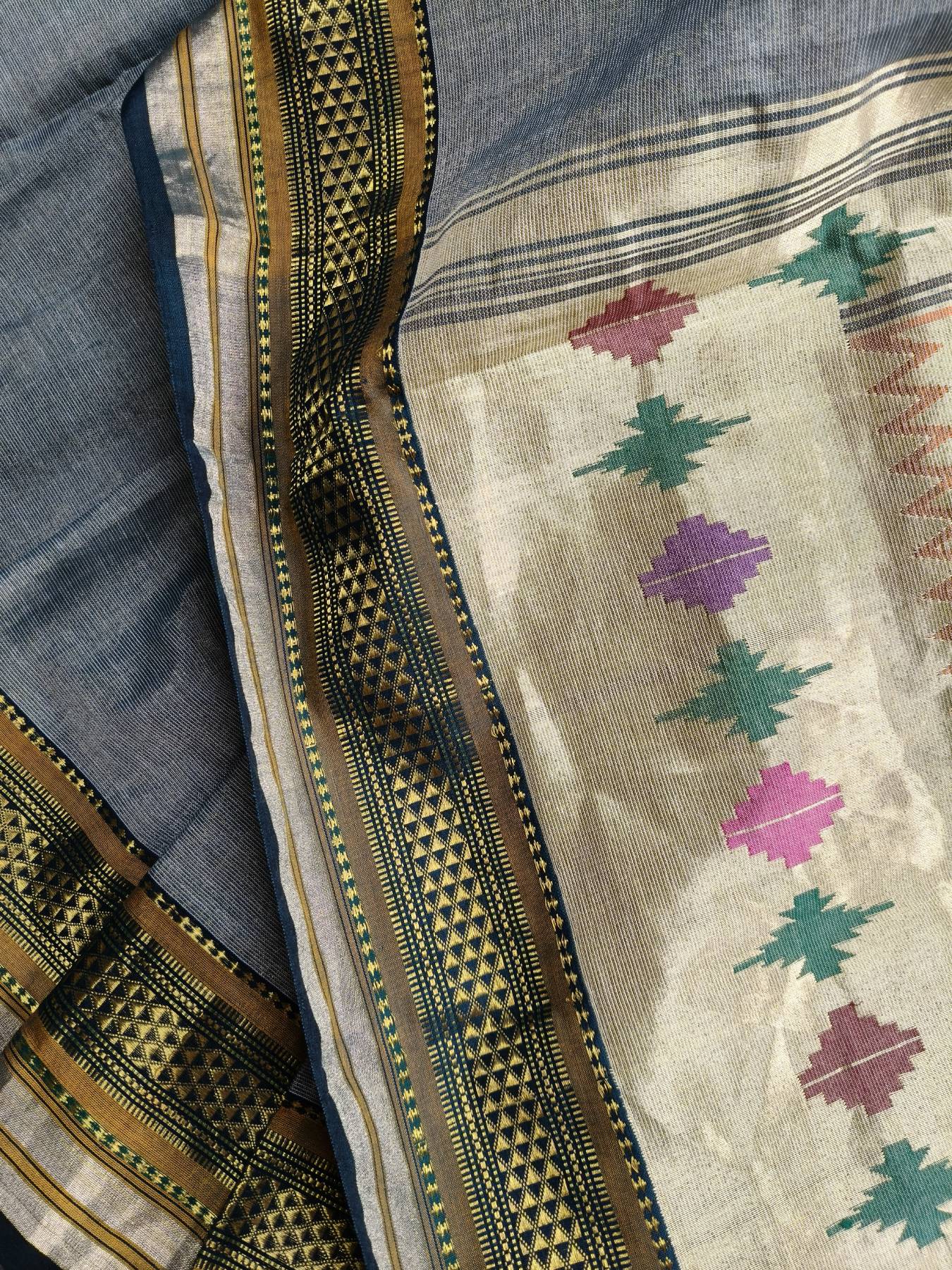 GREY COTTON TISSUE PURE HANDLOOM PAITHANI SAREE