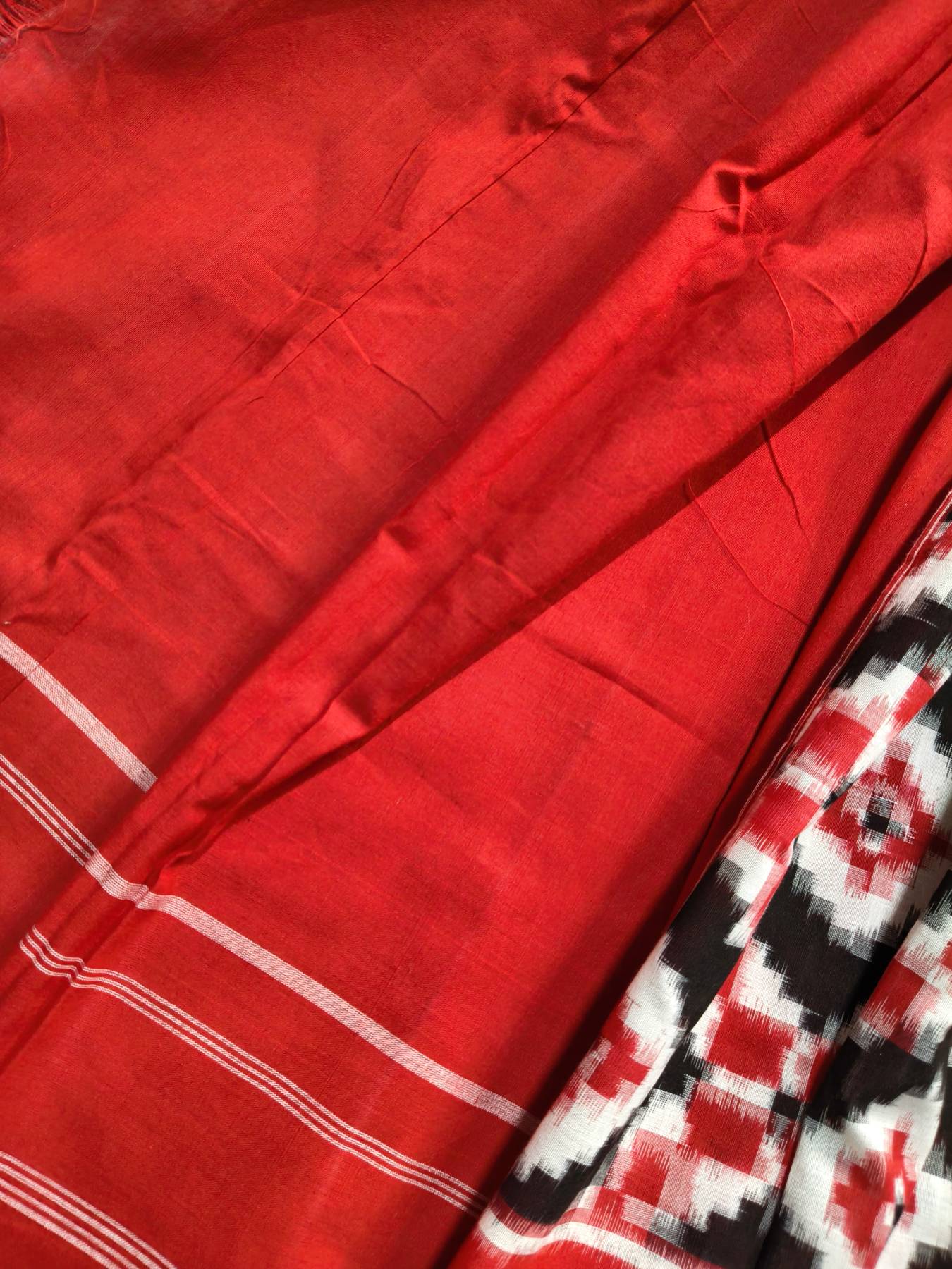 RED COTTON PURE HANDLOOM DOUBLE IKKAT SAREE