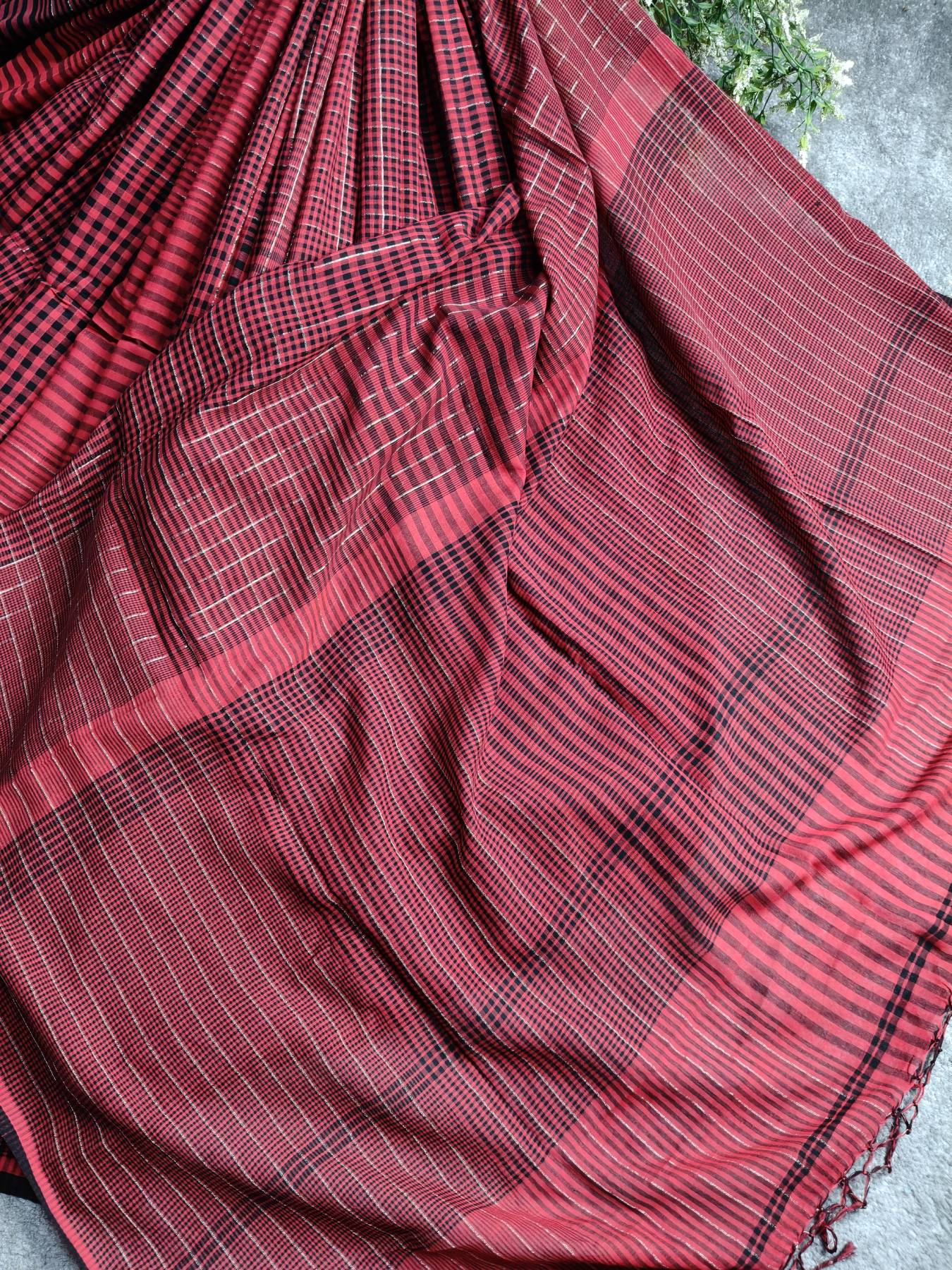 RED PURE HANDLOOM COTTON CHECKS SAREE