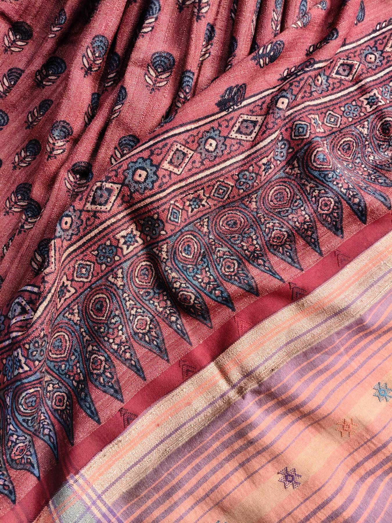 RUST TASSAR PURE HANDLOOM BHUJODI SAREE