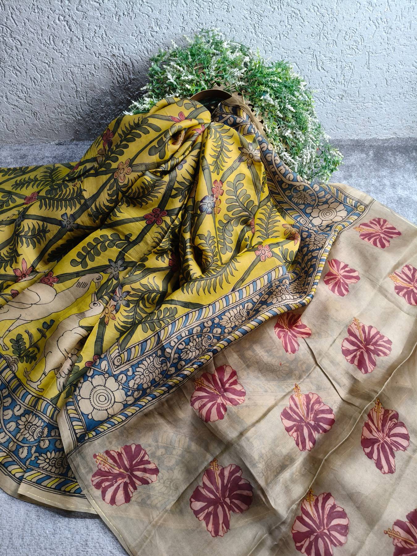 YELLOW ORGANZA PURE HANDLOOM KALAMKARI SAREE