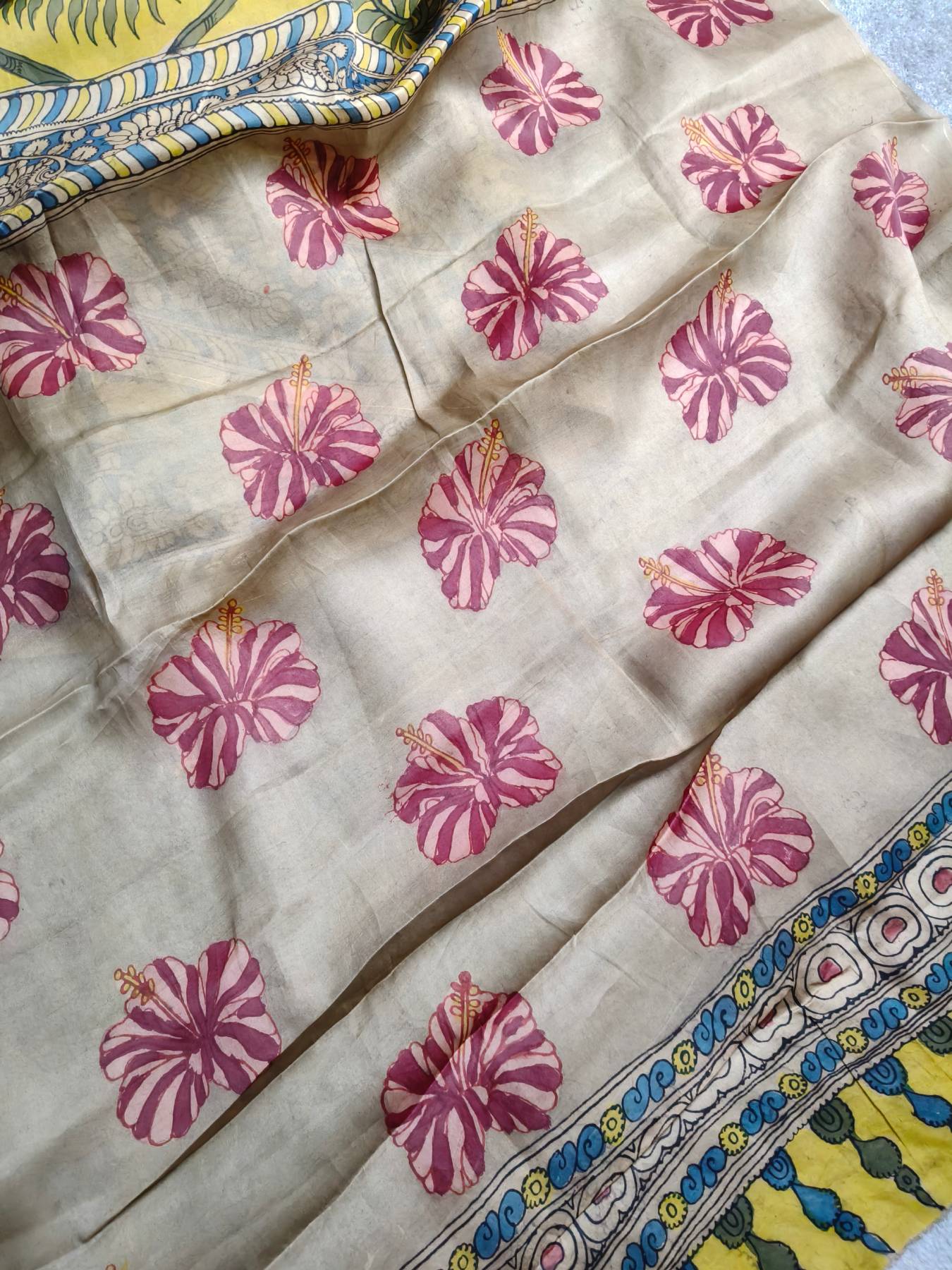 YELLOW ORGANZA PURE HANDLOOM KALAMKARI SAREE