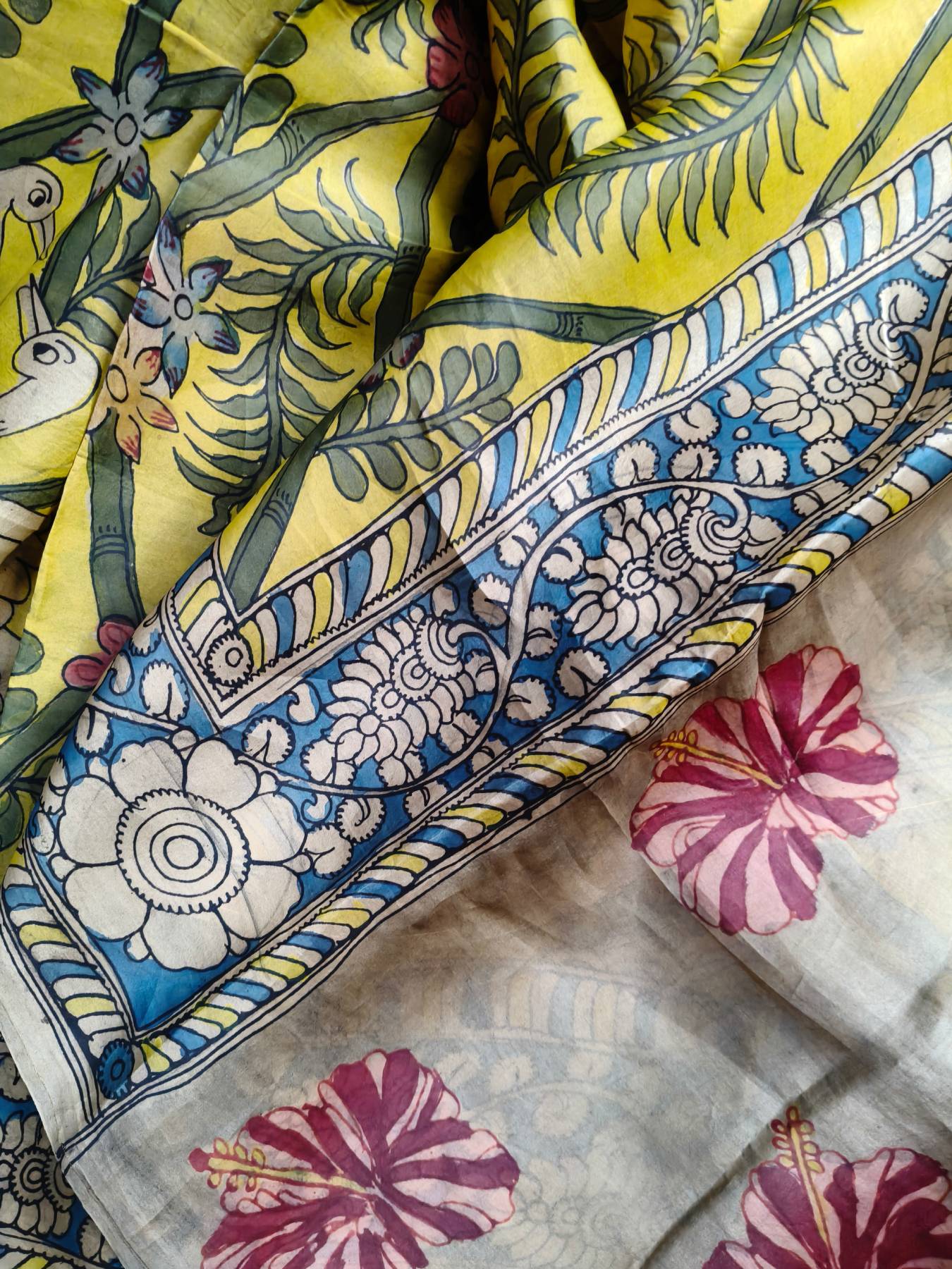 YELLOW ORGANZA PURE HANDLOOM KALAMKARI SAREE