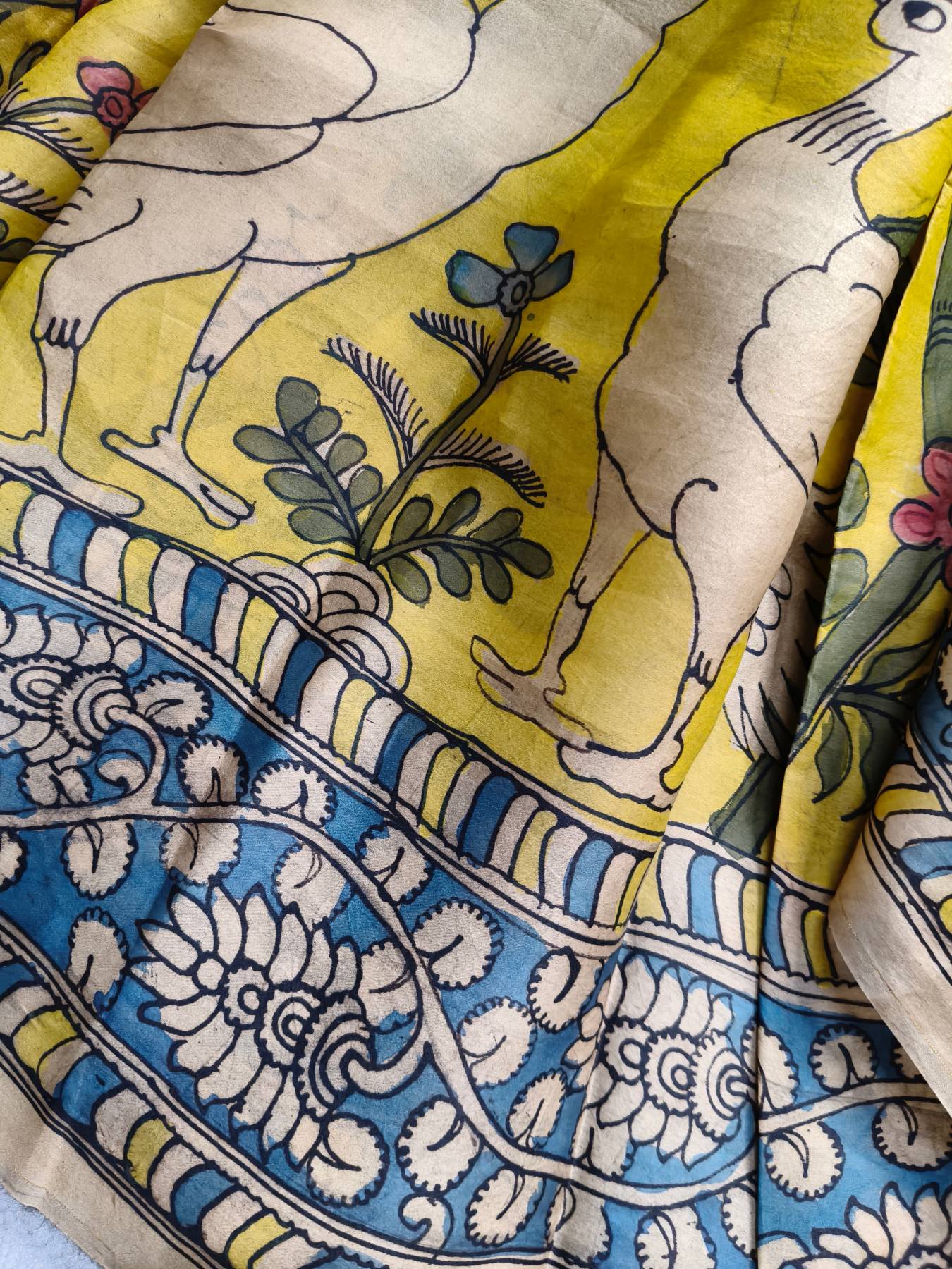 YELLOW ORGANZA PURE HANDLOOM KALAMKARI SAREE