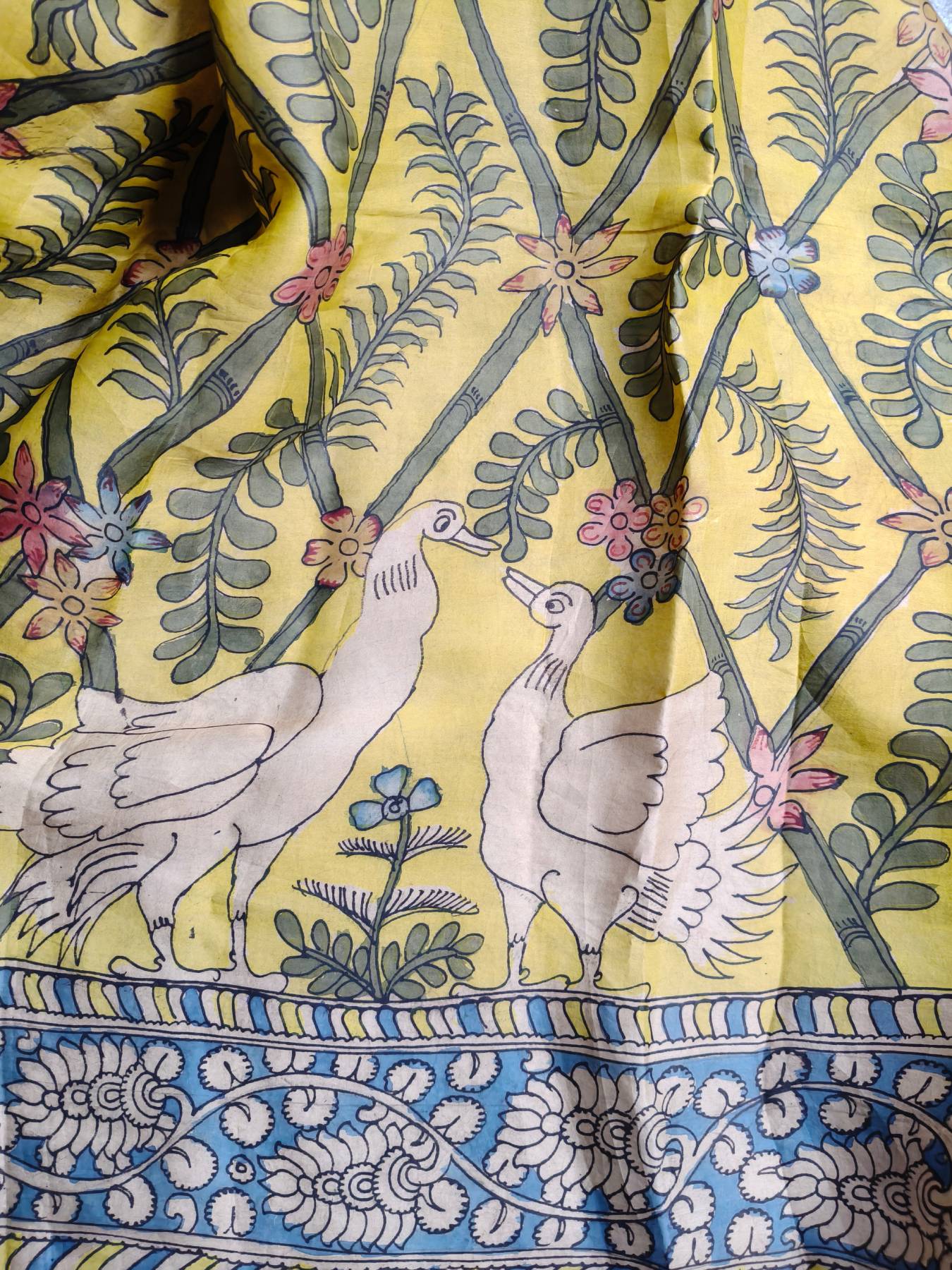 YELLOW ORGANZA PURE HANDLOOM KALAMKARI SAREE