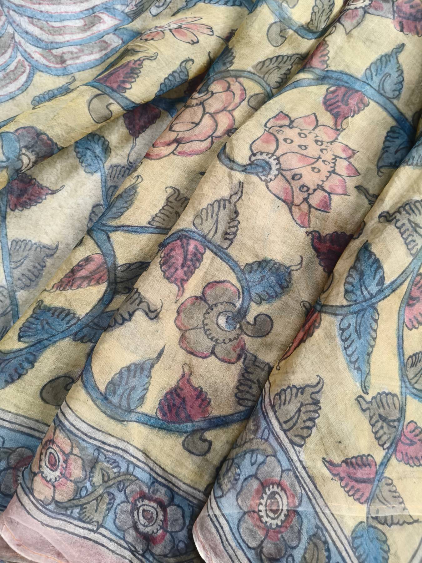 YELLOW ORGANZA PURE HANDLOOM KALAMKARI SAREE
