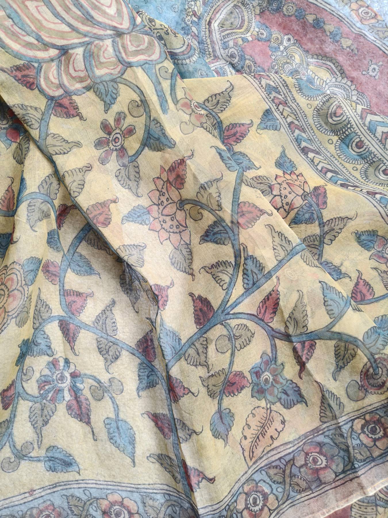 YELLOW ORGANZA PURE HANDLOOM KALAMKARI SAREE