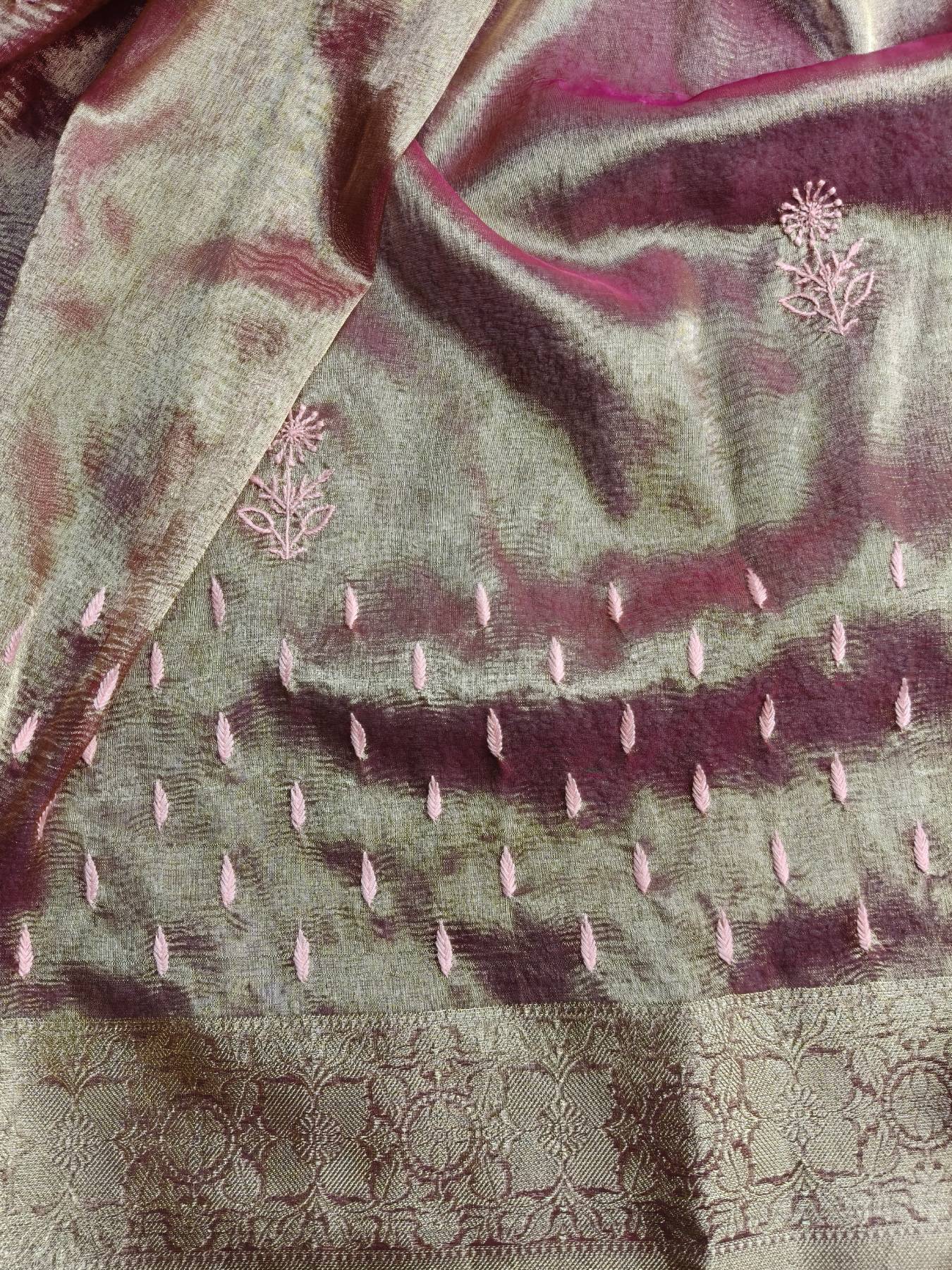 PINK TISSUE PURE HANDLOOM LUCKNOWI SAREE