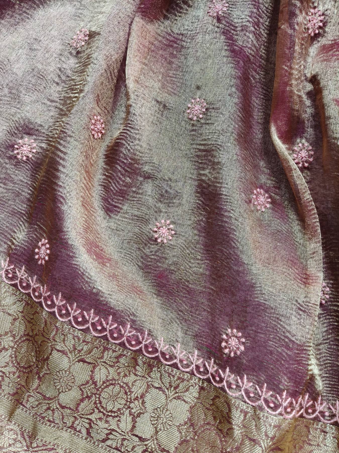 PINK TISSUE PURE HANDLOOM LUCKNOWI SAREE