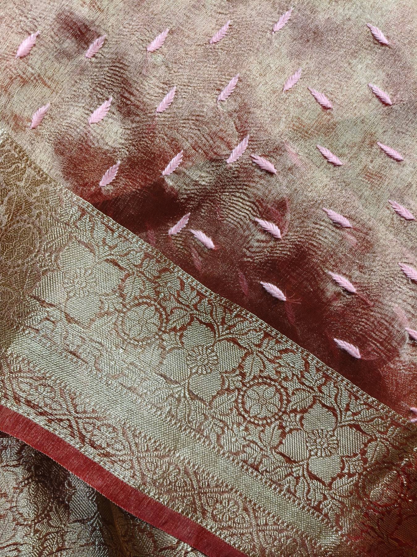 ORANGE TISSUE PURE HANDLOOM LUCKNOWI SAREE