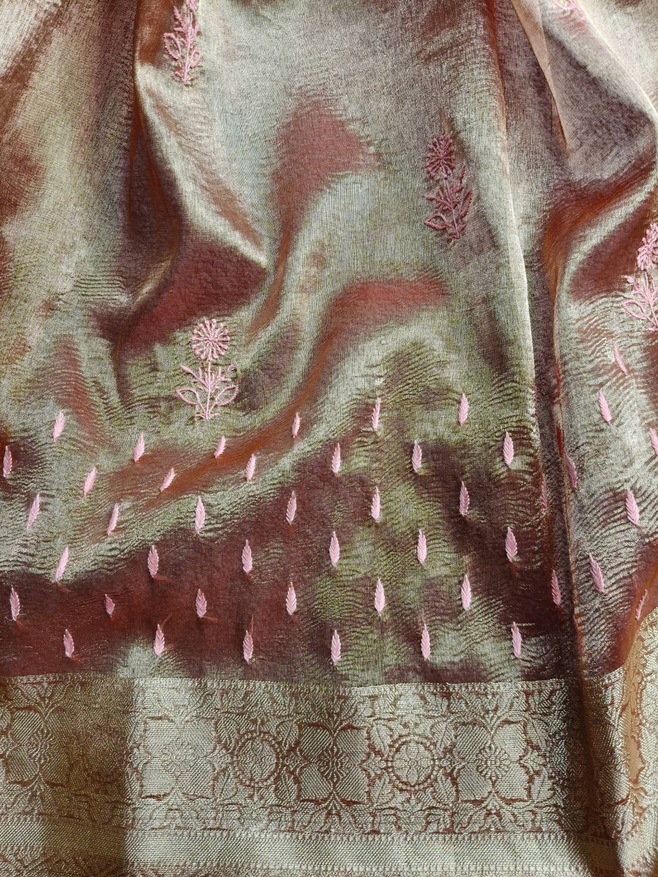 ORANGE TISSUE PURE HANDLOOM LUCKNOWI SAREE