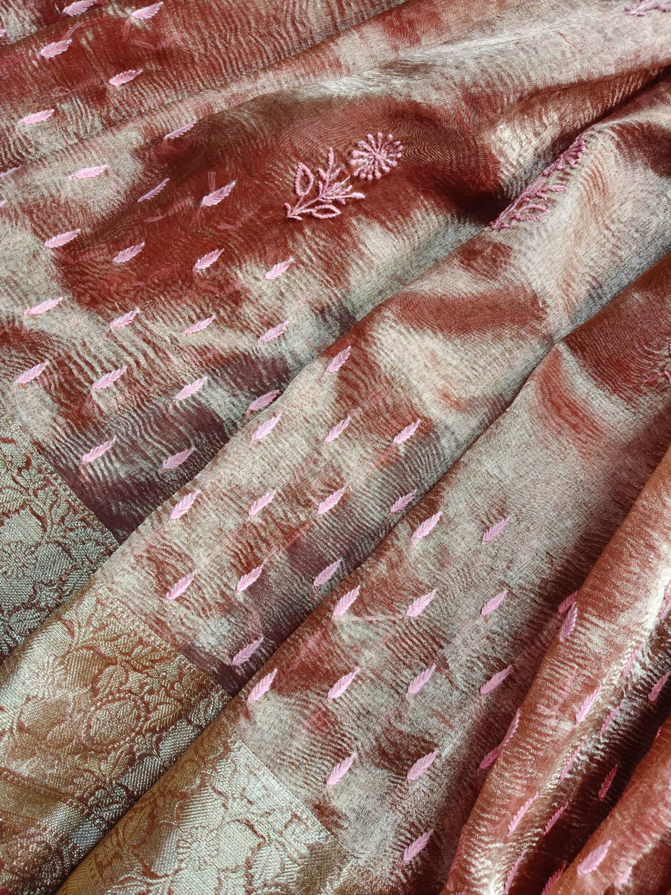 ORANGE TISSUE PURE HANDLOOM LUCKNOWI SAREE