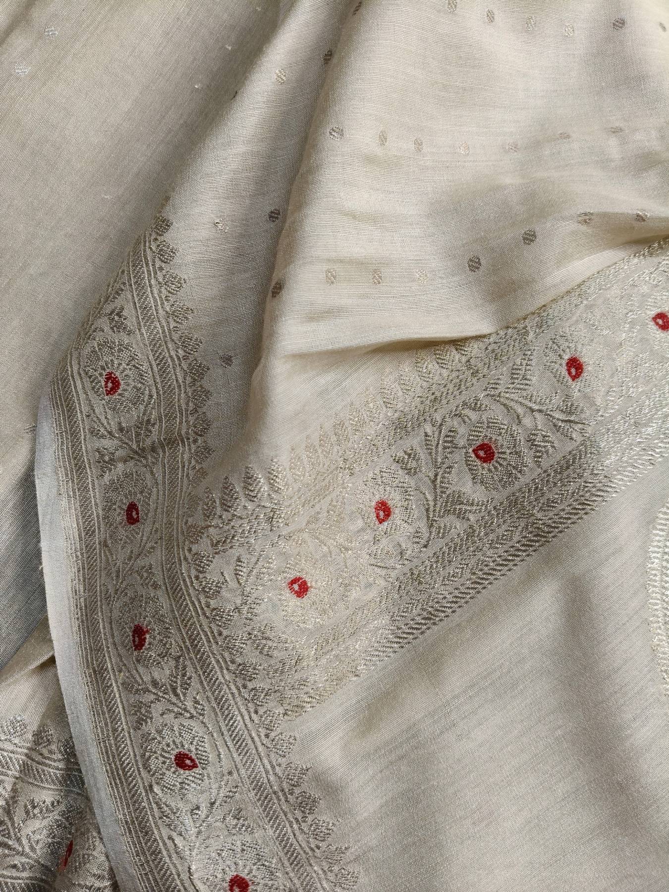 OFF WHITE MOONGA TASSAR PURE HANDLOOM BANARASI SAREE