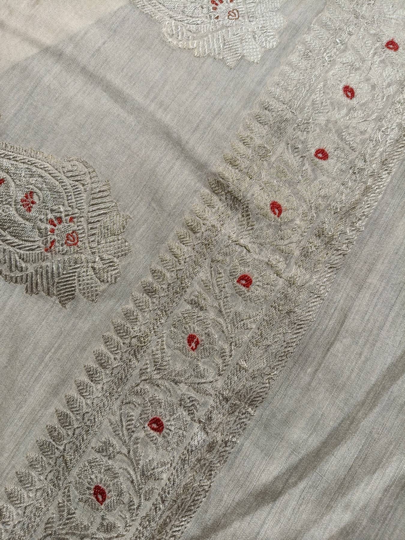 OFF WHITE MOONGA TASSAR PURE HANDLOOM BANARASI SAREE