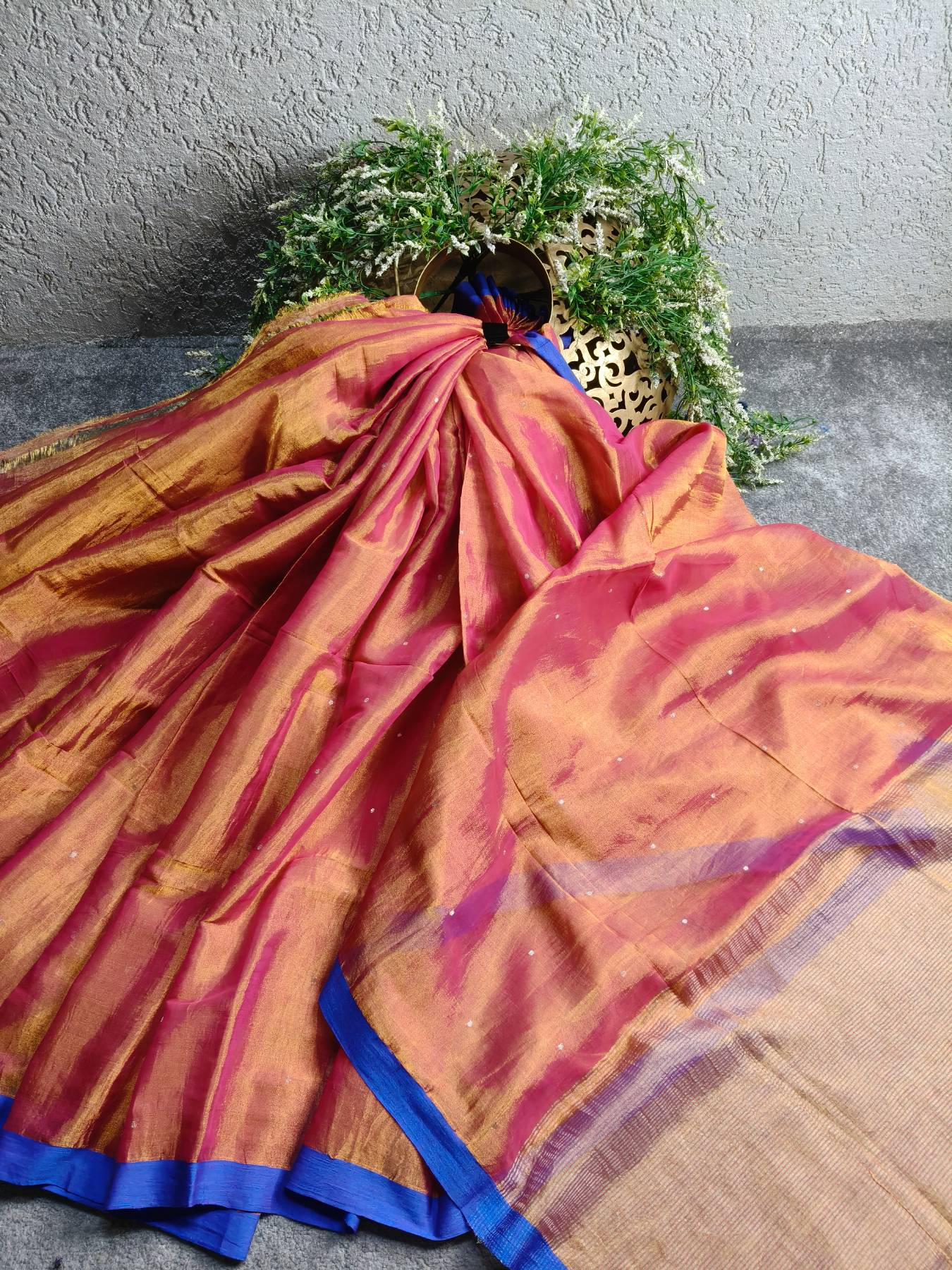 BLUE GOLD PURE HANDLOOM MUL TISSUE SAREE