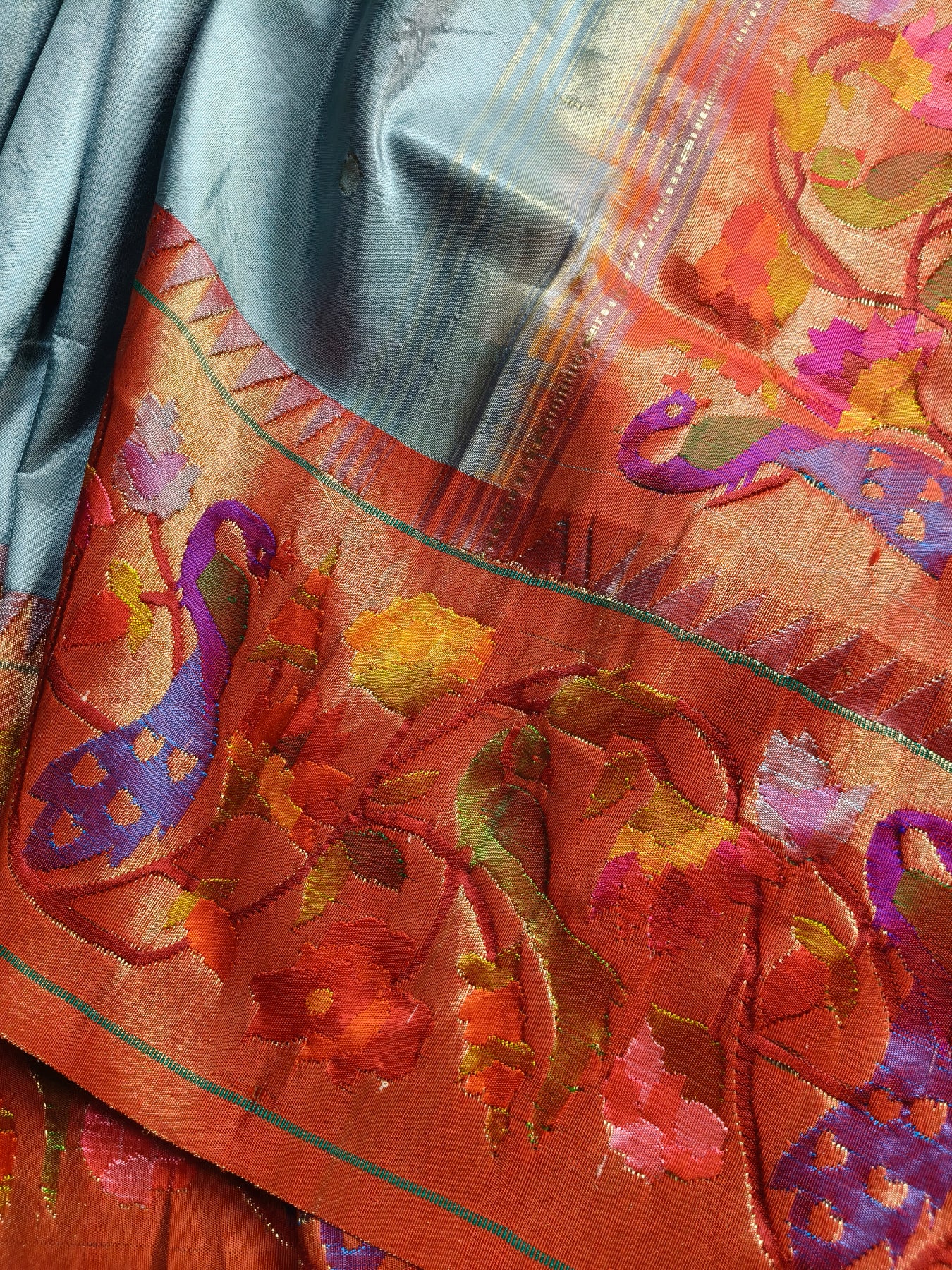 SLATE GREY SILK PURE HANDLOOM EXCLUSIVE PAITHANI SAREE