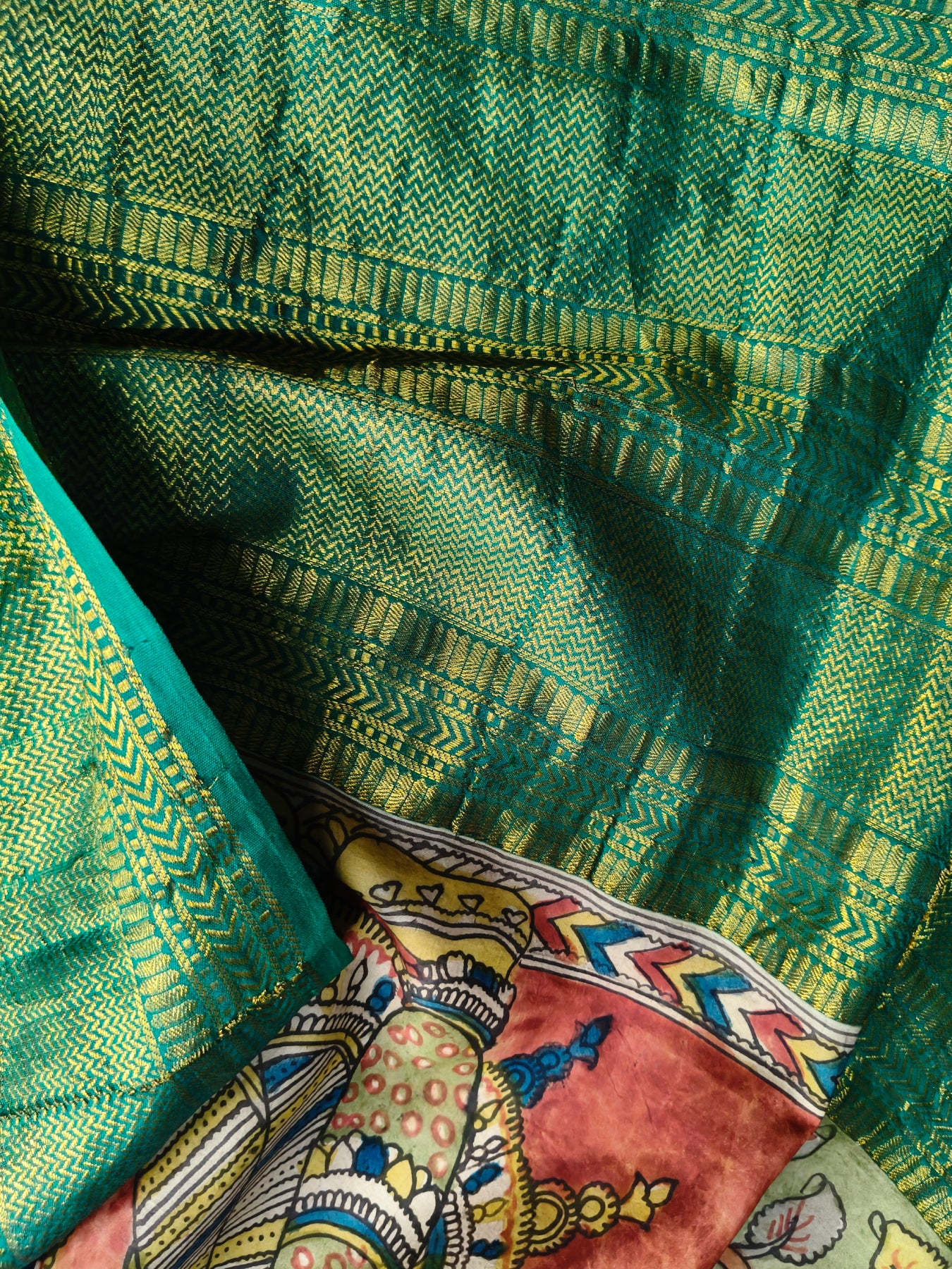 OLIVE GREEN GADWAL PATTU SILK PURE HANDLOOM KALAMKARI SAREE